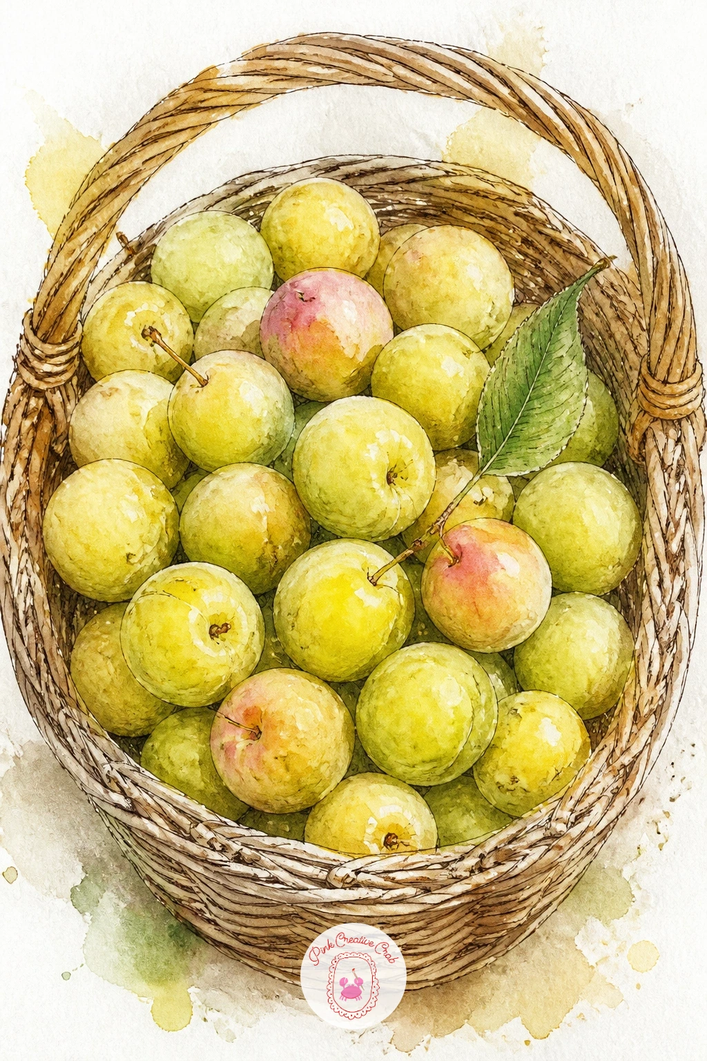 Basket of Greengages — Greengages, small round plums in soft yellow-green, make a gentler color note after all the deep purples. Apple watercolor