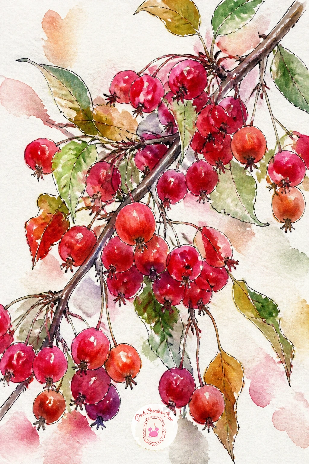 Crabapple Branch With Tiny Red Fruit — A branch of crabapples, miniature and bright red, is a quick, satisfying piece built almost entirely from small dabbed