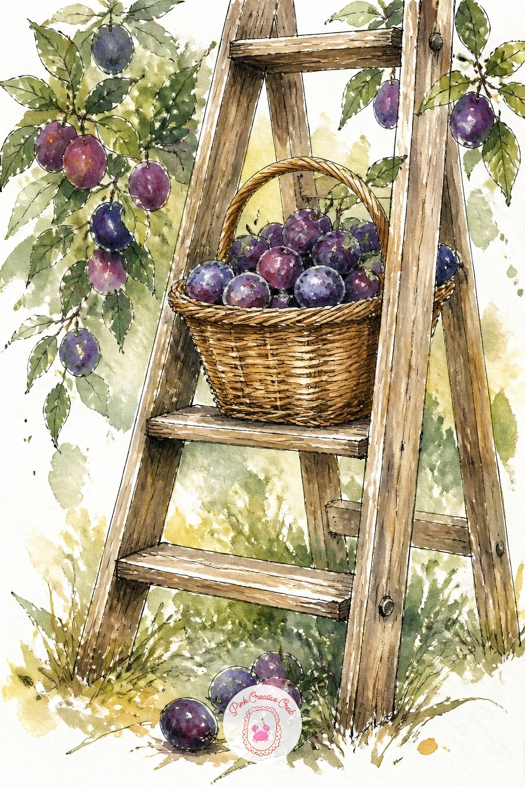 Orchard Ladder With a Basket of Plums — Echoing the apple ladder from earlier but with plums this time, this scene leans more on the purple palette and the