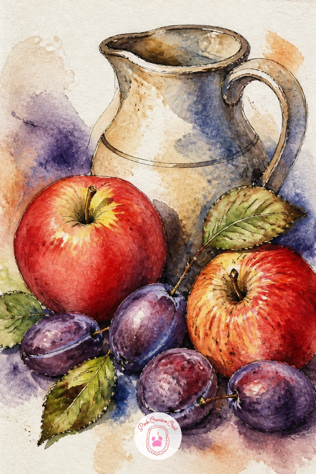 Still Life of Apples, Plums and a Jug — Bring the whole harvest together in a final still life: a mix of apples and plums grouped around a simple ceramic jug.