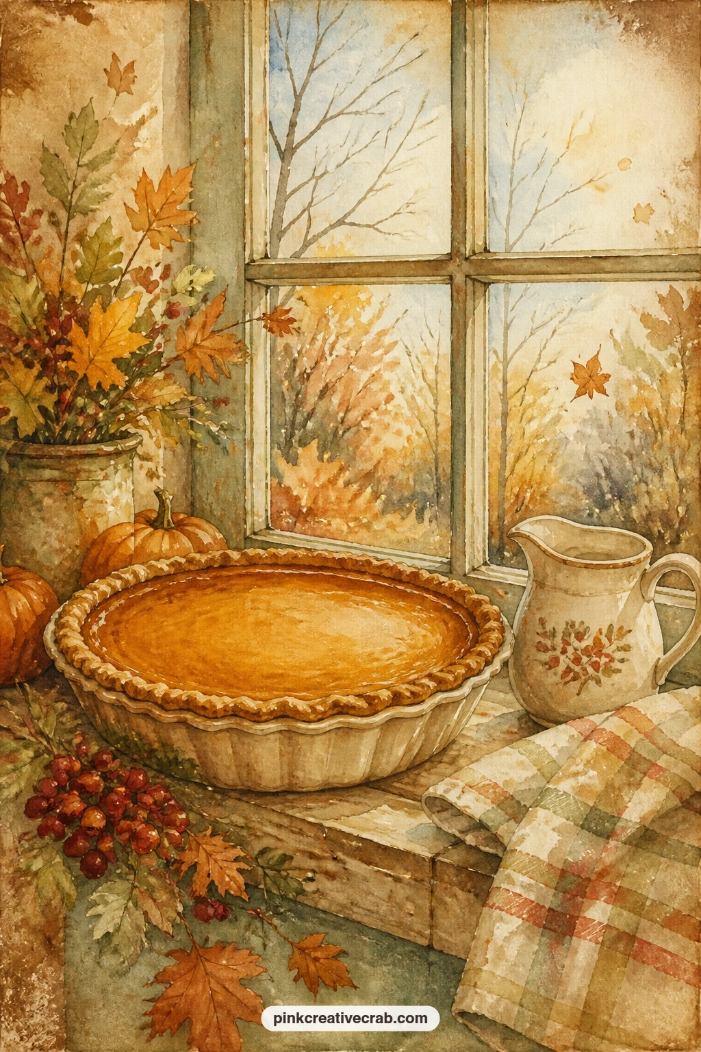 Pumpkin Pie On The Windowsill printable page — Pair this one with the wheat sheaf pattern page for a kitchen-themed spread: glue the pie page on the right and