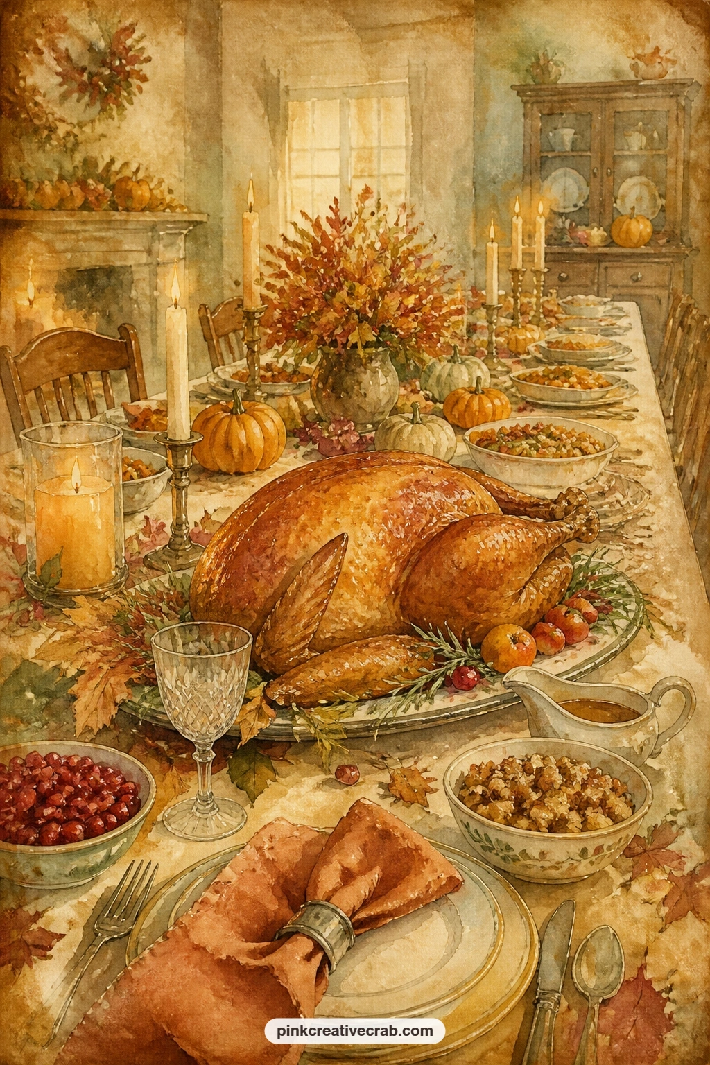 Harvest Table With Roast Turkey printable page — Candles flicker down the center of a table loaded with a golden roast turkey, serving bowls and a crisp white