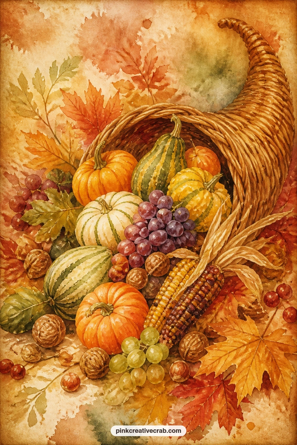 Overflowing Cornucopia printable page — Tuck a small handwritten list of this year's harvest, real or imagined, into a pocket glued along the base of the