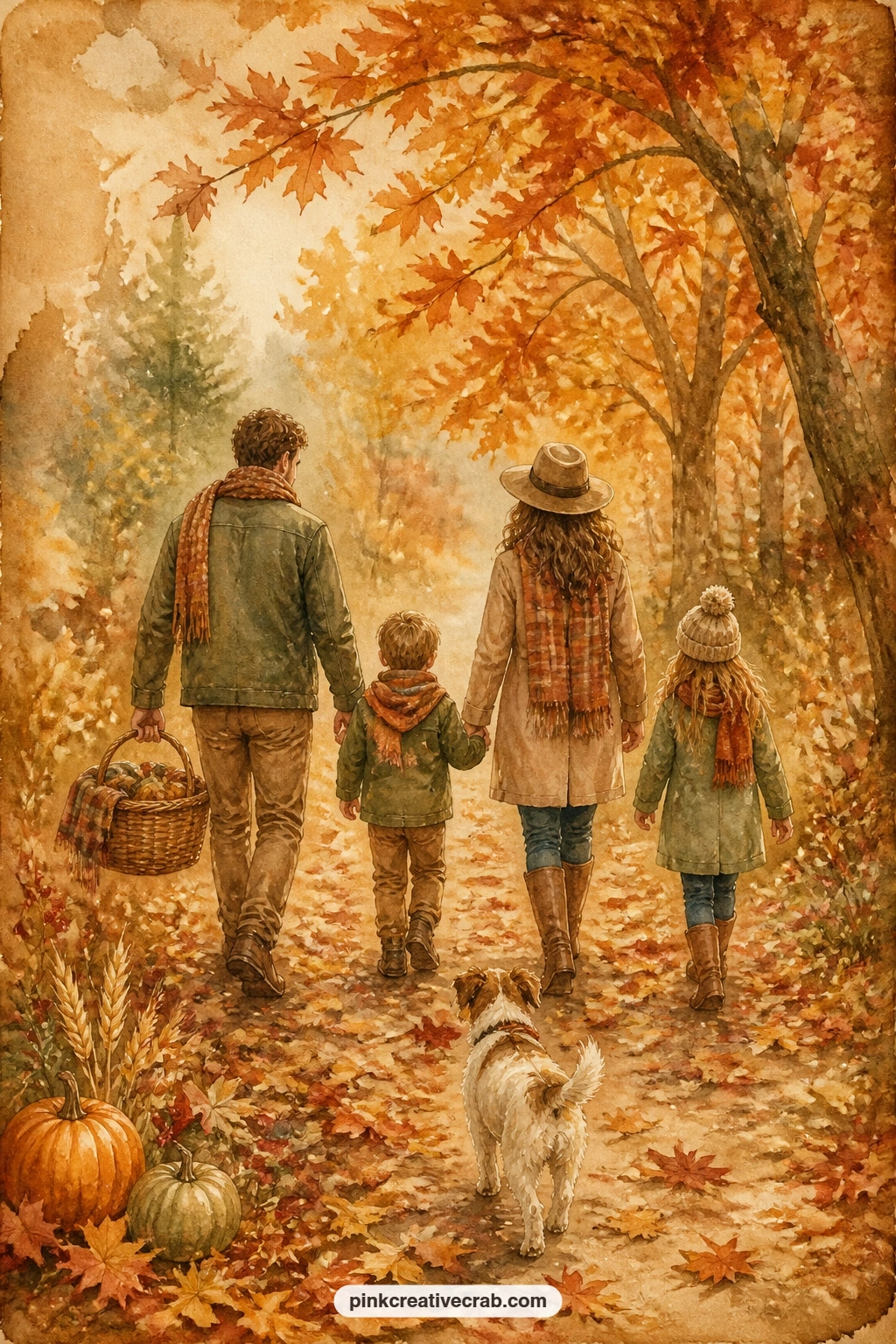 Family Walk Through Autumn Leaves printable page — Leaves drift across a path where a family strolls between trees in full color, a dog trotting ahead and a