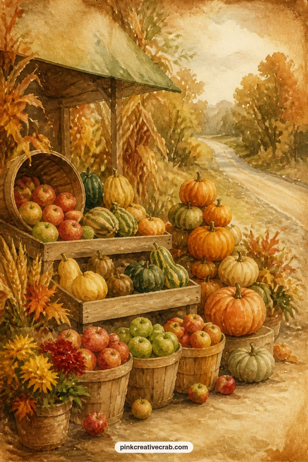 Farm Stand With Squash And Apples printable page — Crates of squash, baskets of apples and a hand painted price sign make up this roadside stand, with a stack