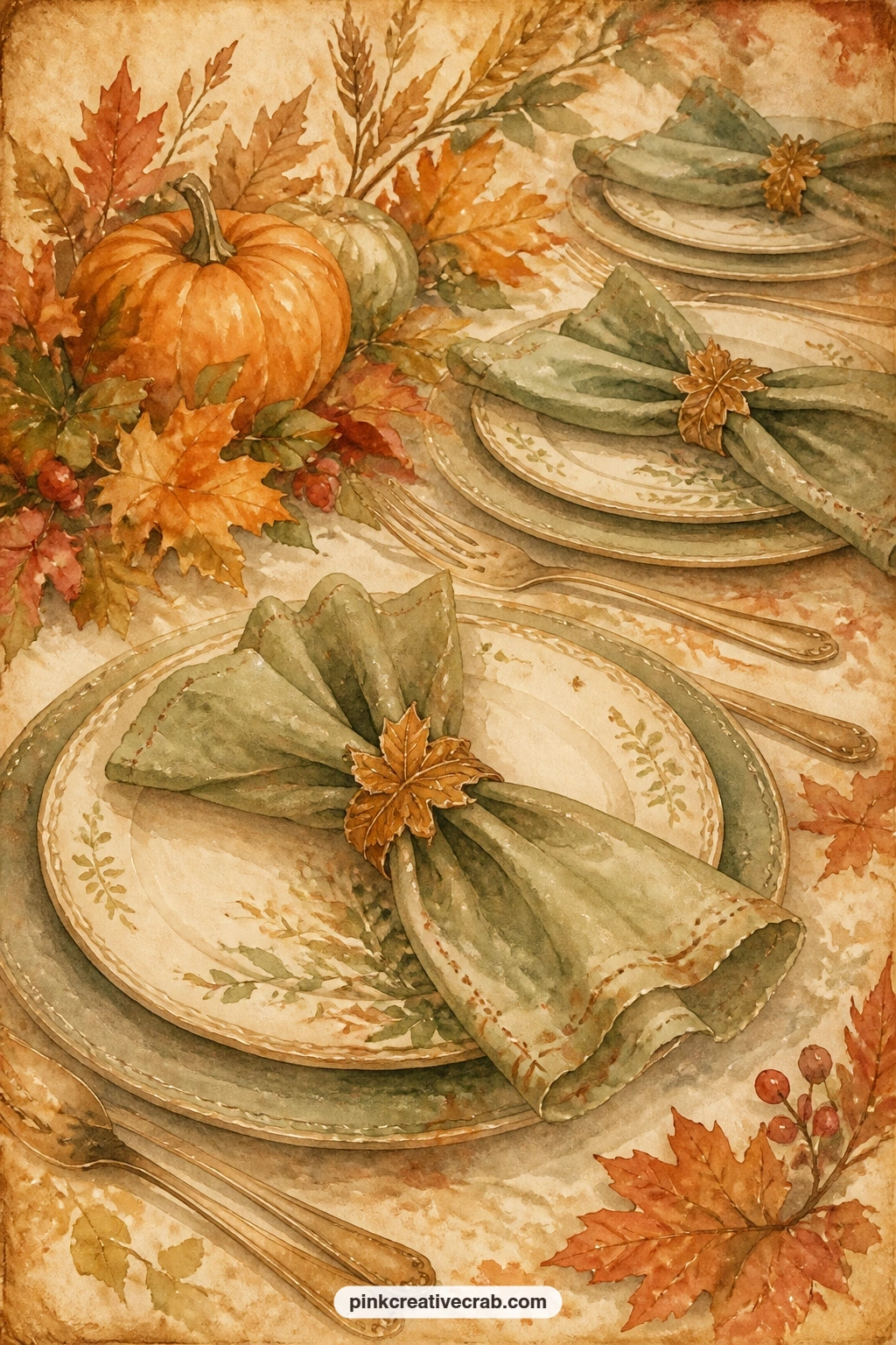Place Settings With Leaf Napkin Rings printable page — The usual mistake here is drawing every plate the same: vary the napkin folds and the angle of each leaf