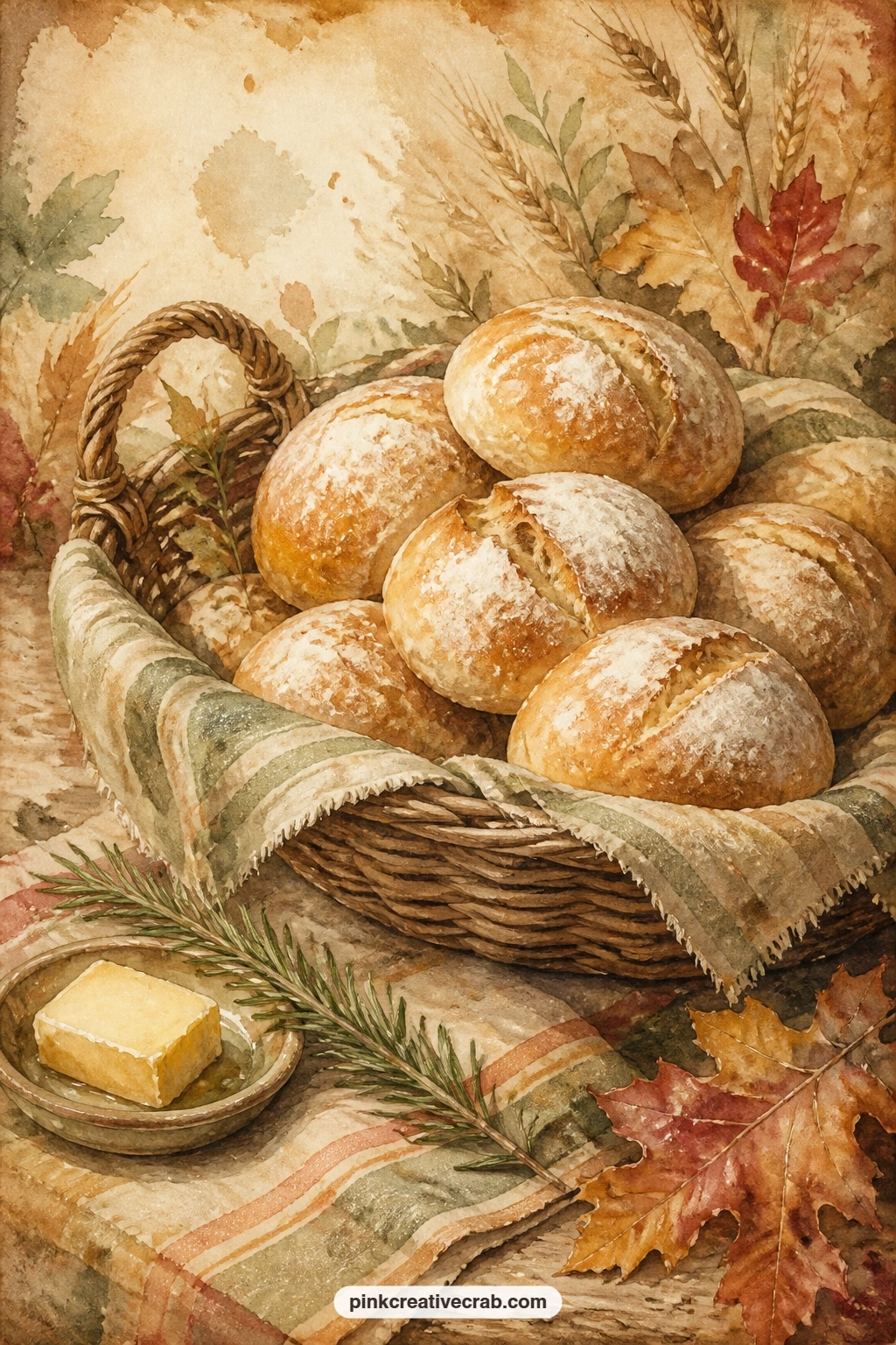 Basket Of Fresh Bread Rolls printable page — A woven basket holds warm bread rolls dusted with flour, a butter dish and a sprig of rosemary tucked beside it