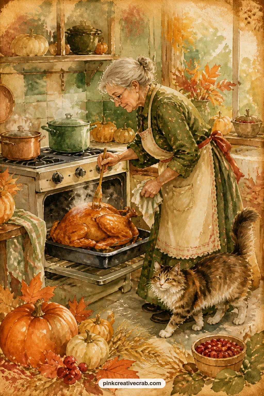 Grandma Basting The Turkey printable page — A cozy kitchen scene with grandma basting a turkey at the open oven, steam curling up, pots simmering on the stove