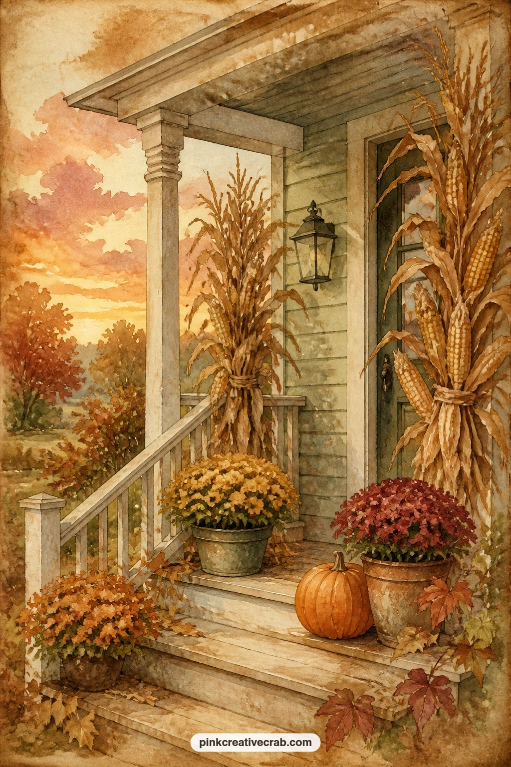 Front Porch With Corn Stalks printable page — Who is this page for: the one who loves decorating the porch every autumn, since it holds corn stalks, pots of