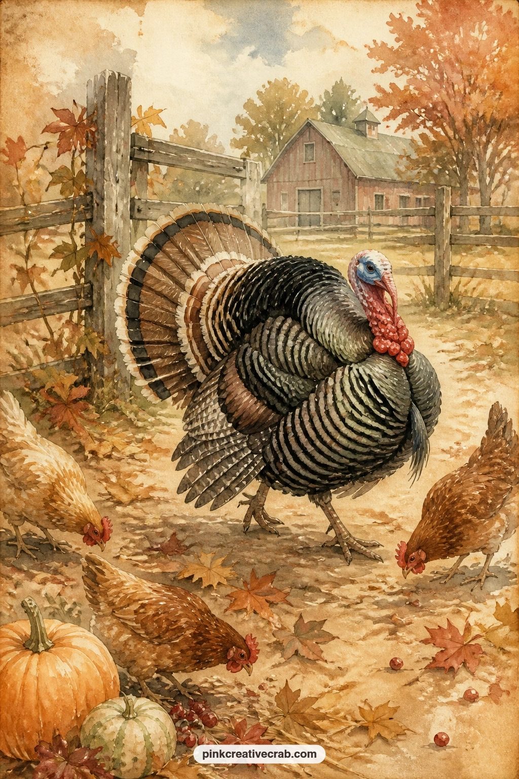 Turkey Strutting In The Farmyard printable page — A live turkey struts across a farmyard past a weathered fence, a scatter of fallen leaves and a few hens
