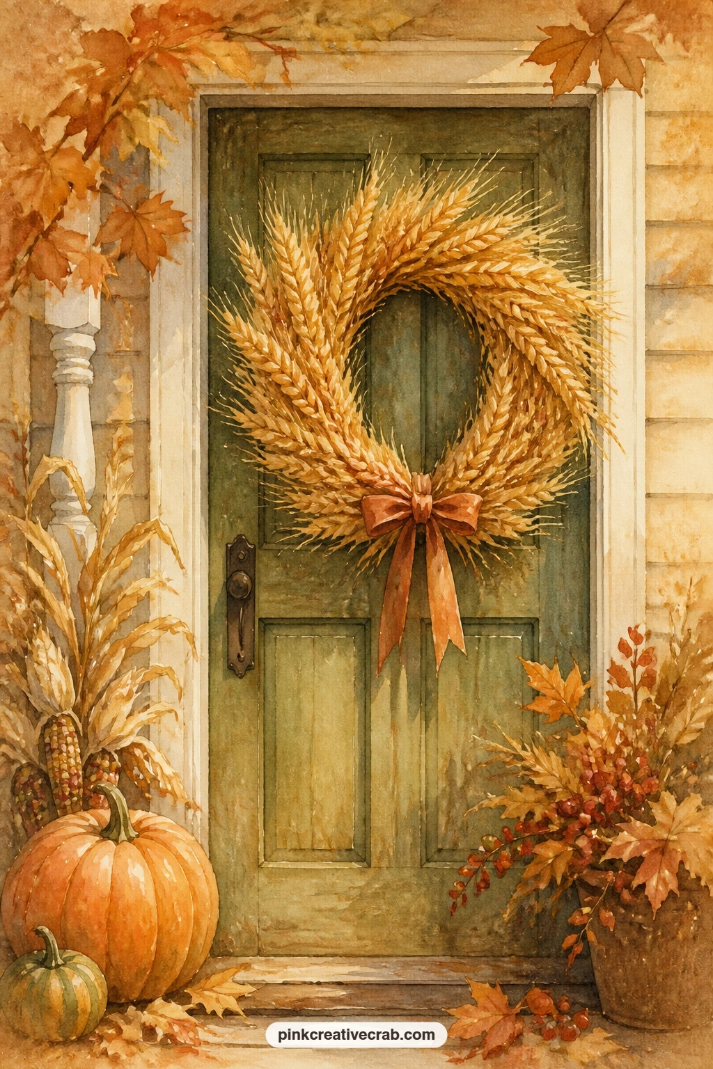 Wreath Of Wheat On The Door printable page — Pair this with the acorn frame lined page facing it: the round wreath on one side balances the small acorn border