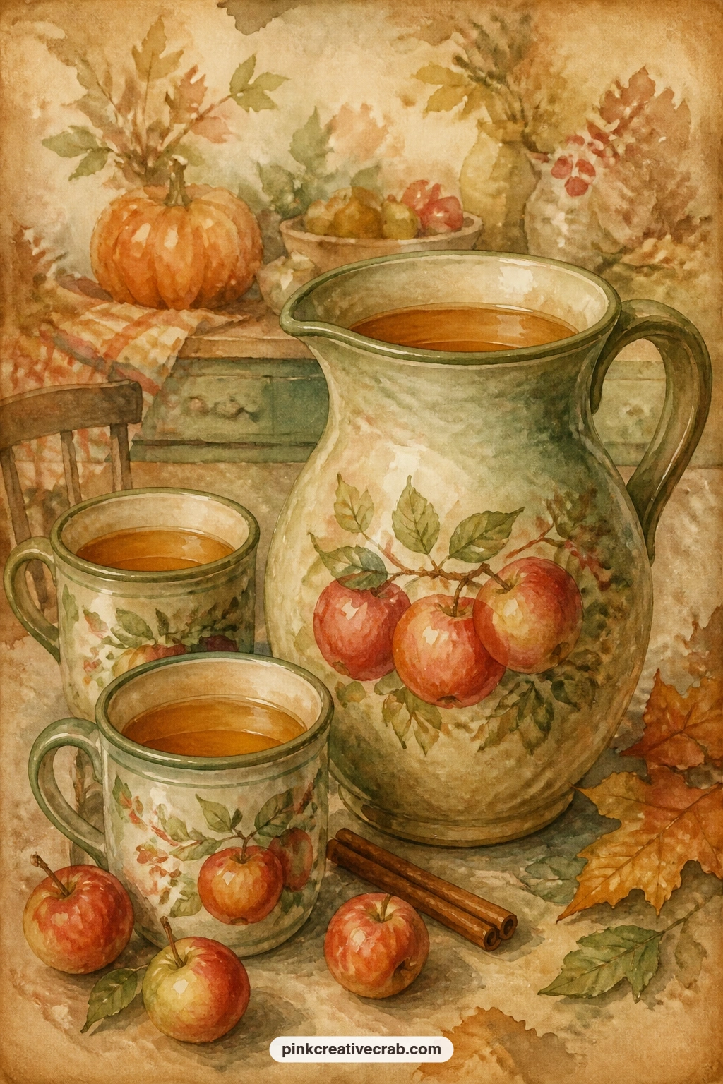 Jug Of Apple Cider With Mugs printable page — A ceramic jug of warm apple cider sits with two mugs, a cinnamon stick and a few scattered apples, the whole