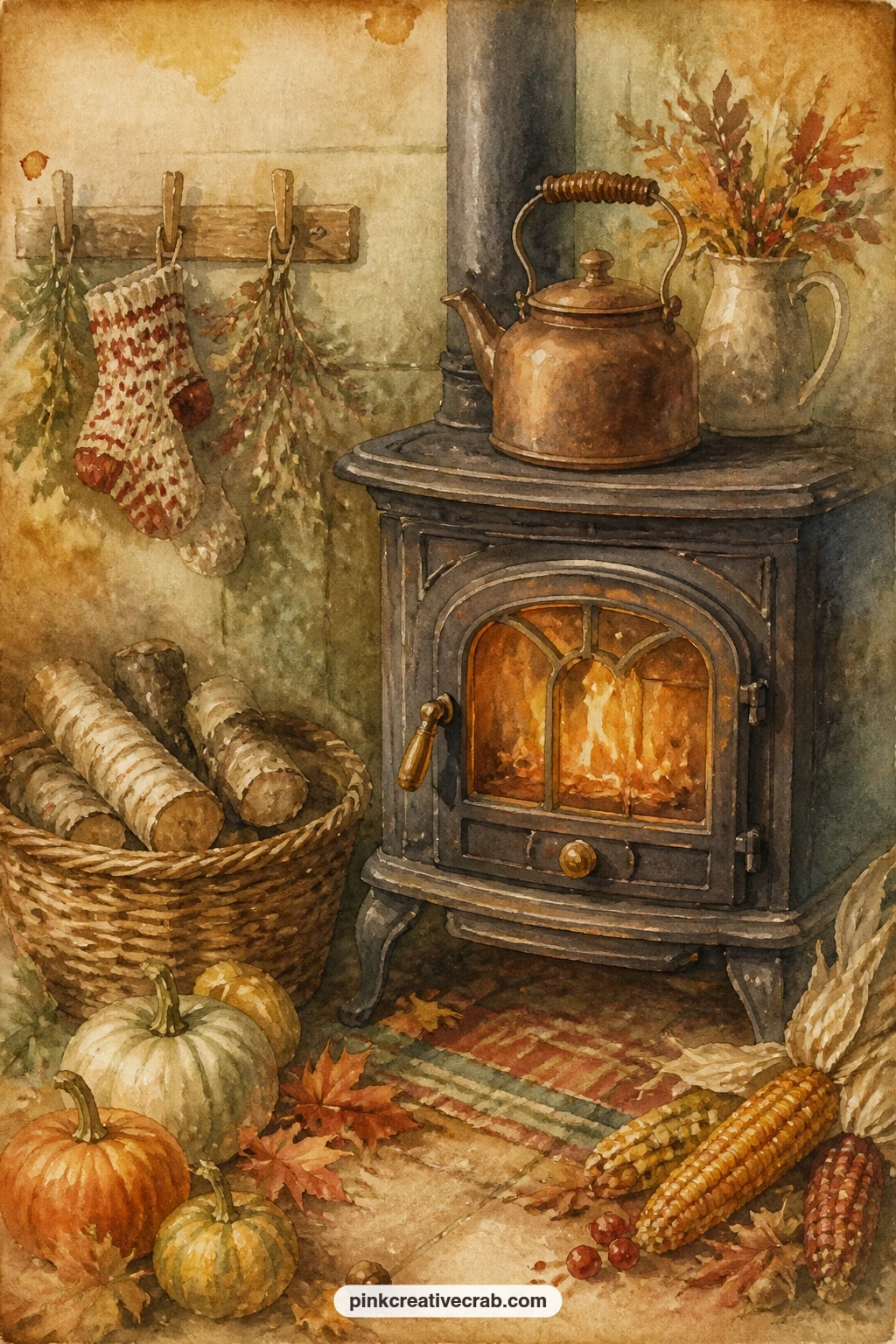 Woodstove With A Kettle printable page — Try tea staining just the bottom edge of this page before gluing it in: the warm tint echoes the stove's glow and