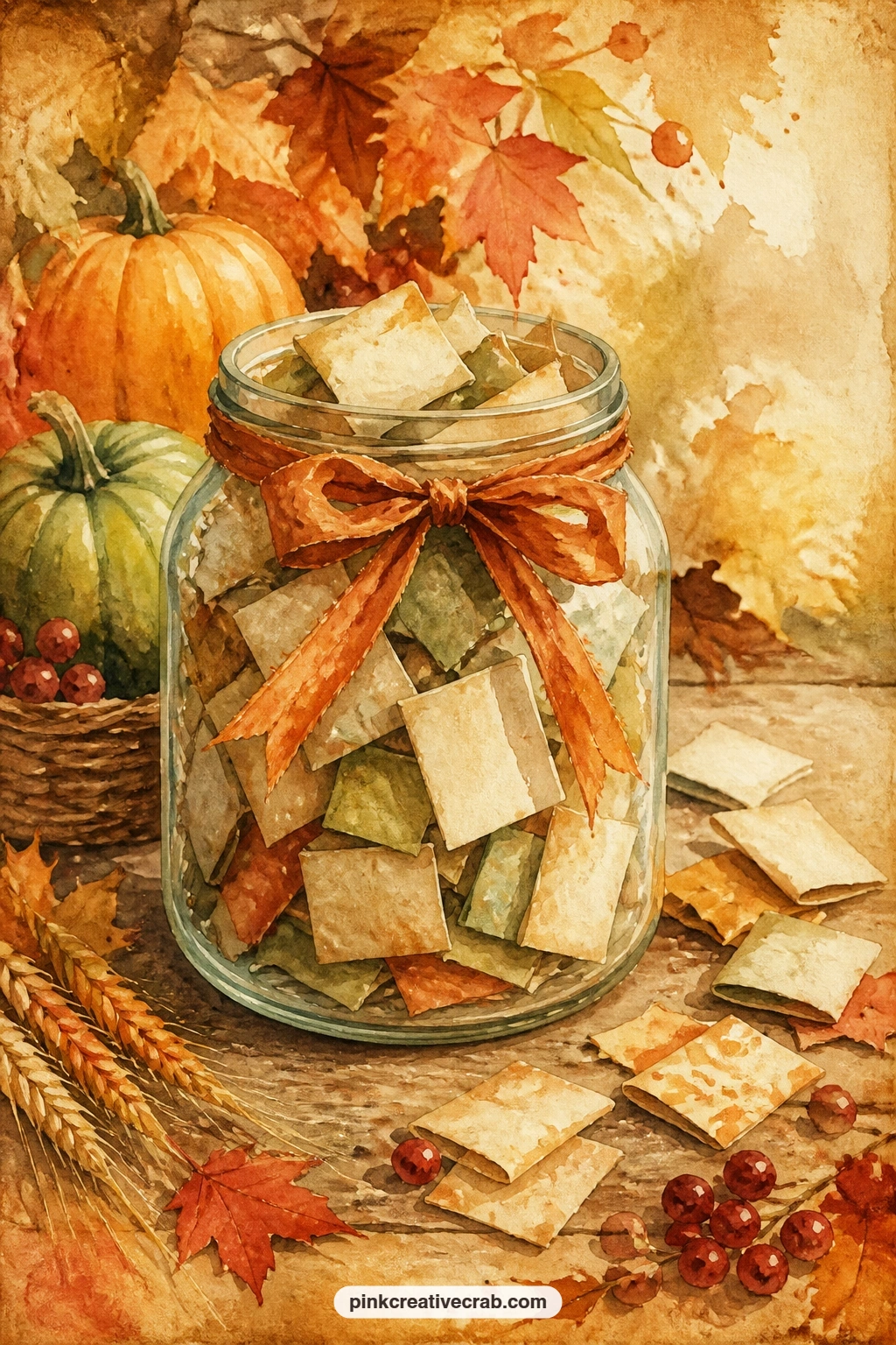 Gratitude Jar Full Of Folded Notes printable page — A glass jar sits filled with small folded notes of thanks, a ribbon tied at its neck and a few loose slips