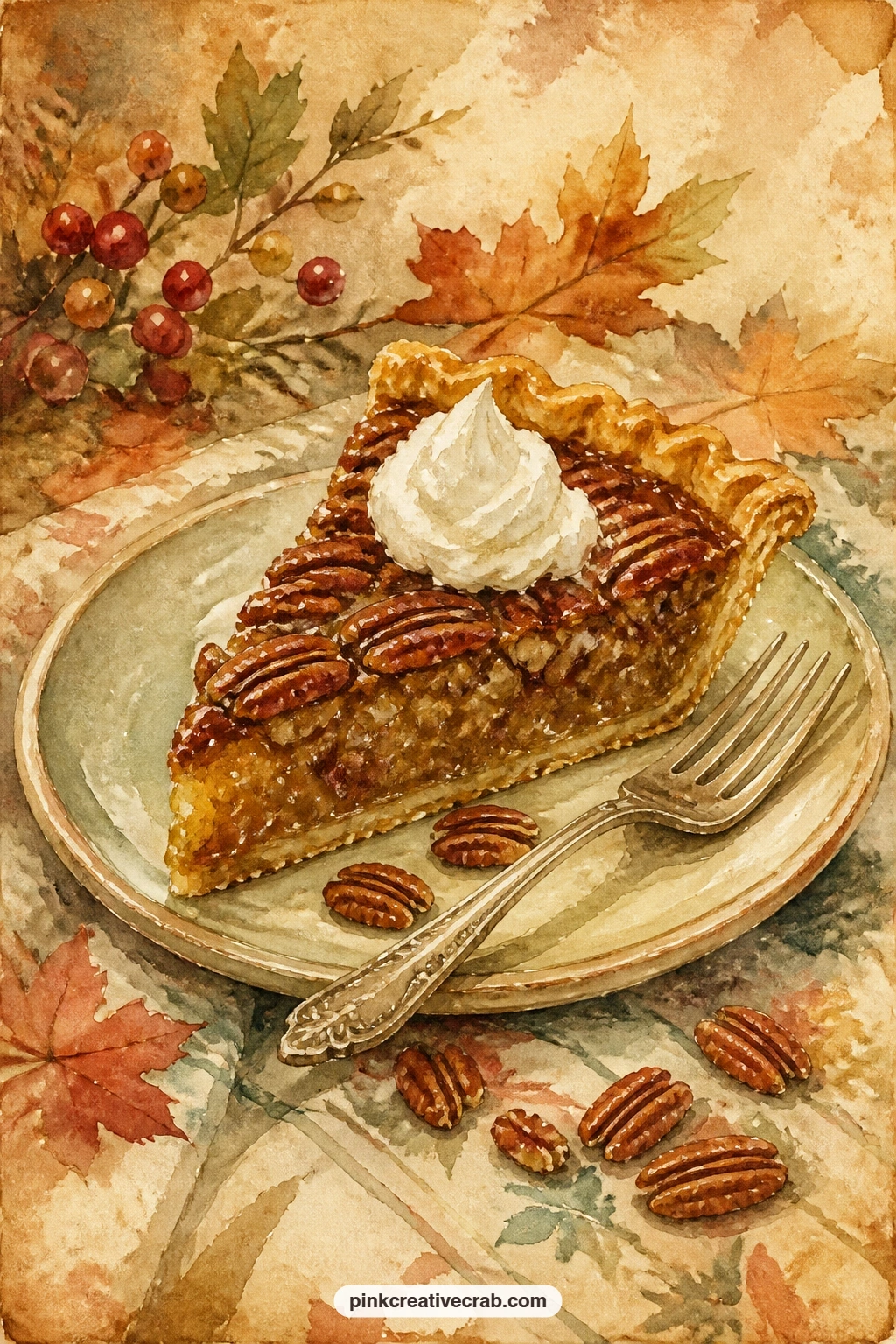 Slice Of Pecan Pie printable page — A single slice of pecan pie sits on a small plate with a fork and a dollop of whipped cream, a few loose pecans scattered