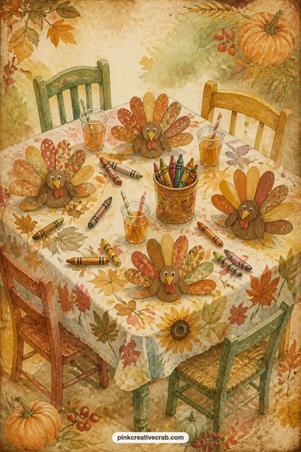 Kids Table With Paper Turkeys printable page — Cut a small window into this page before gluing it in and tuck a real paper turkey craft or a child's drawing