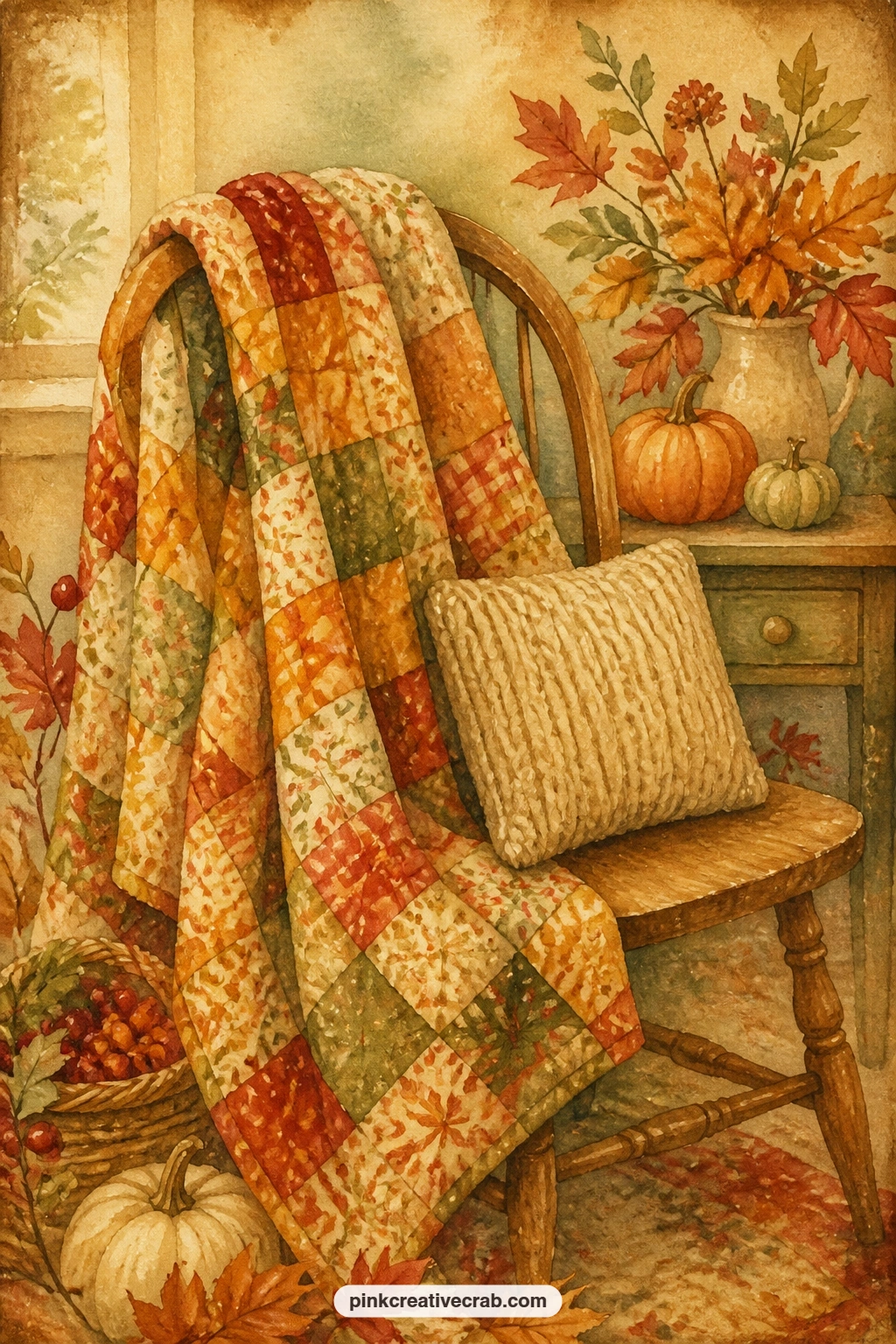 Patchwork Quilt Over A Chair printable page — Tear the edge of this page roughly along one side before binding it in, so the soft quilt pattern seems to spill
