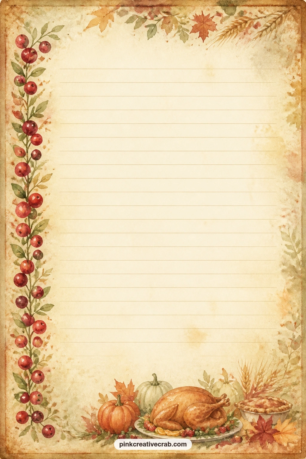 Cranberry Band Page printable page — Fill these lines with a Thanksgiving menu, a toast you plan to give, or a list of dishes everyone is bringing, set beneath
