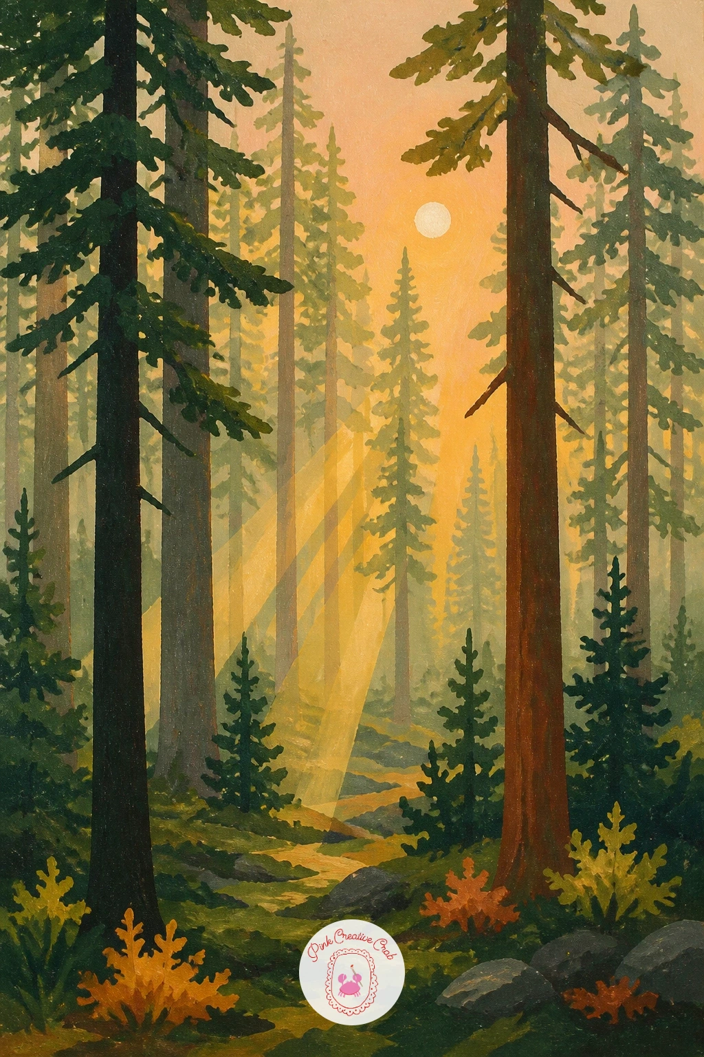 Misty Pine Forest at Sunrise — Start with the sky, because everything else sits on top of it. Forest painting