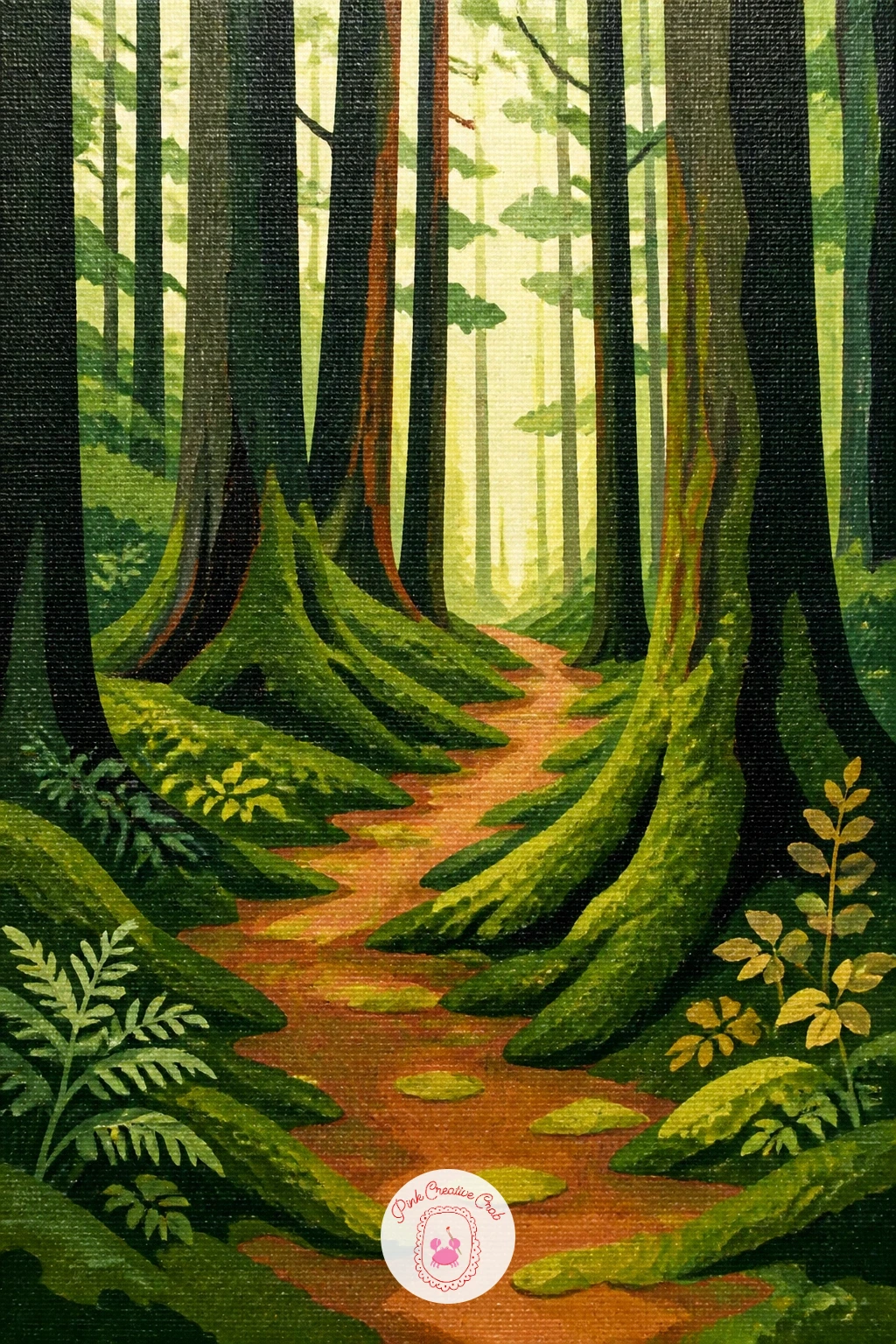 Mossy Path Through Tall Trees — Mossy path paintings live or die on the curve, so sketch the path first as a simple S shape narrowing toward a vanishing point