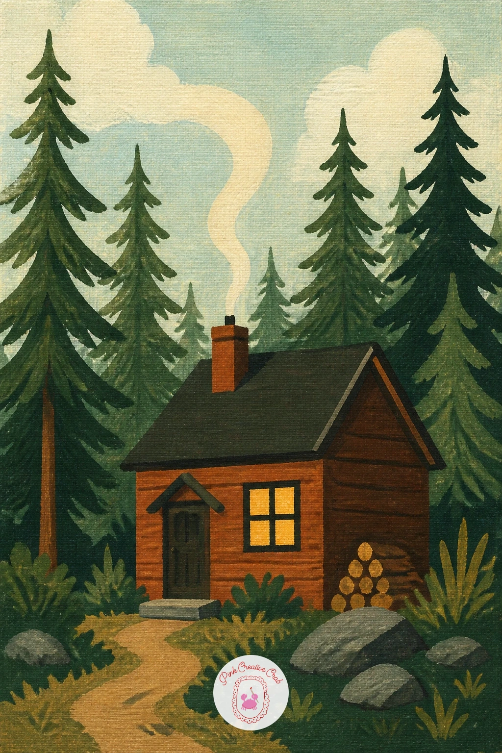 Cabin With Chimney Smoke Among Pines — Give the cabin the smallest footprint on the canvas and let the pines do most of the work around it, since a cabin that