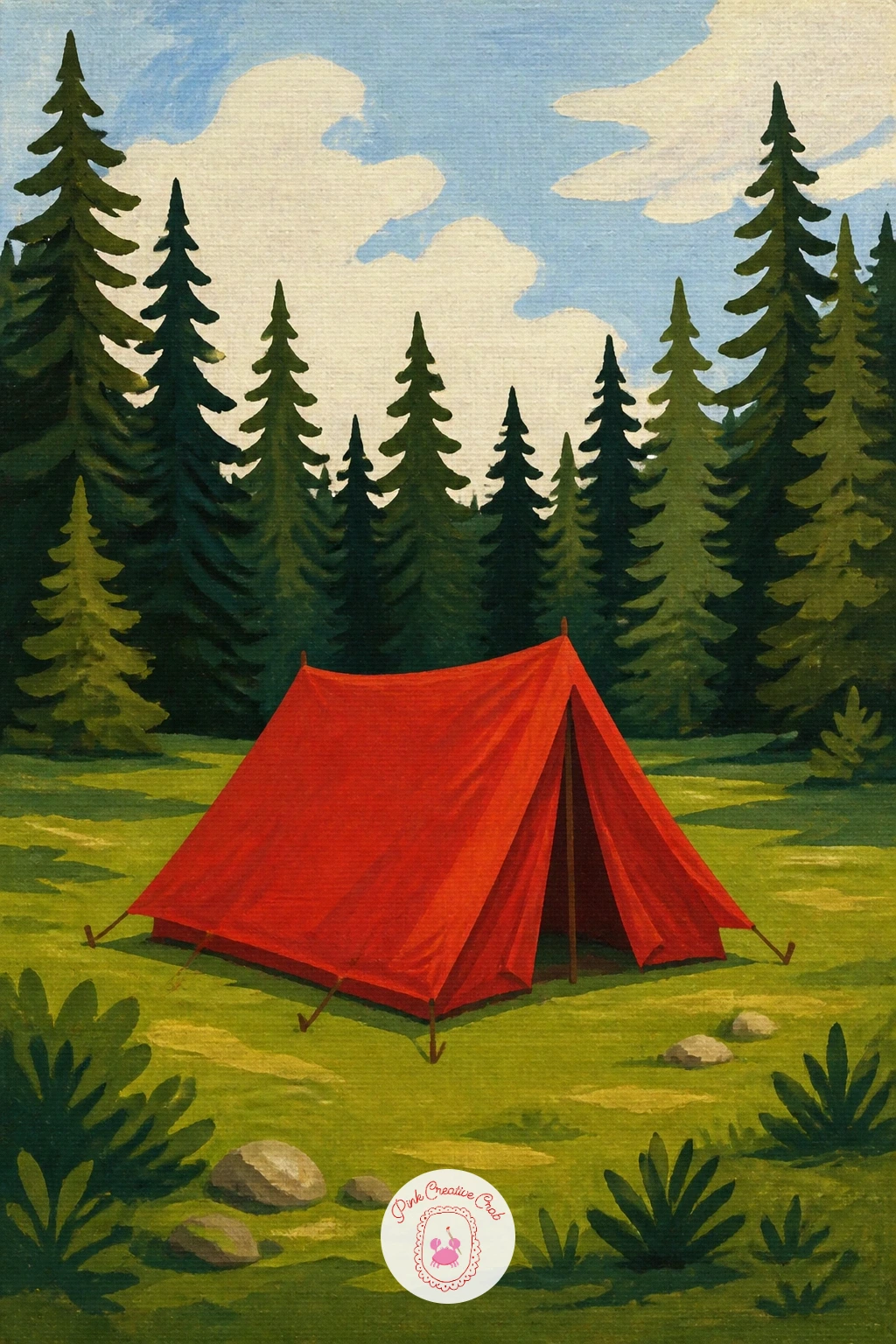 Red Tent in a Forest Clearing — Give yourself a clearing before you touch the tent: a loose oval of warm green grass left lighter than the surrounding tree