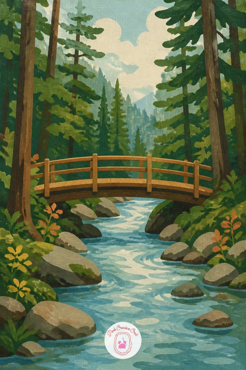Wooden Footbridge Over a Forest Stream — Set your eye level low, roughly a third of the way up the canvas, so you are looking slightly up at the bridge rather