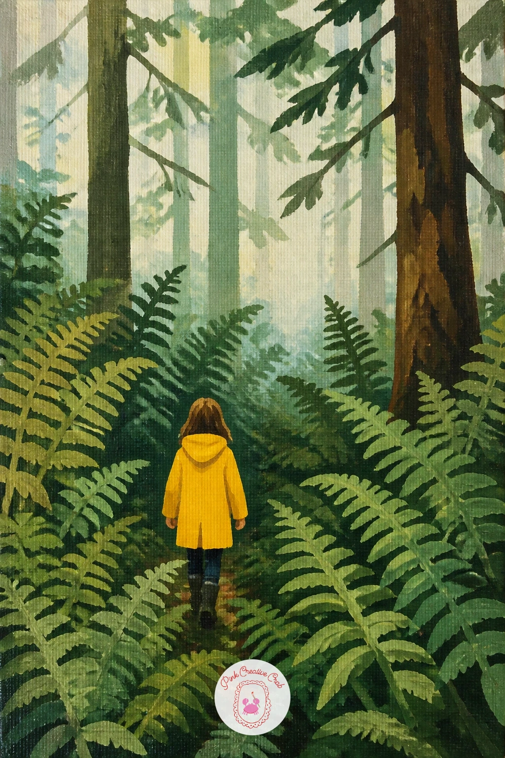 Girl in a Yellow Raincoat Among Ferns — Place the figure off center, about a third of the way in from either edge, and let the ferns around her knees do most
