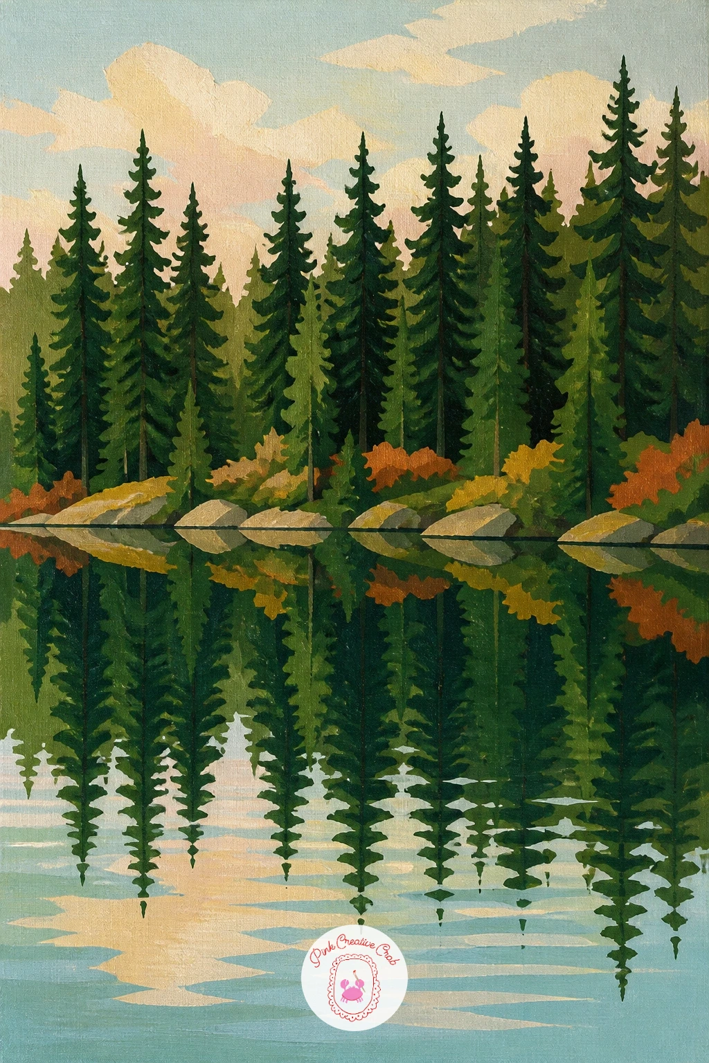 Forest Lake Reflecting Pines — Split the canvas in half with a single horizontal line for the waterline, then paint everything above it, the pines and pale