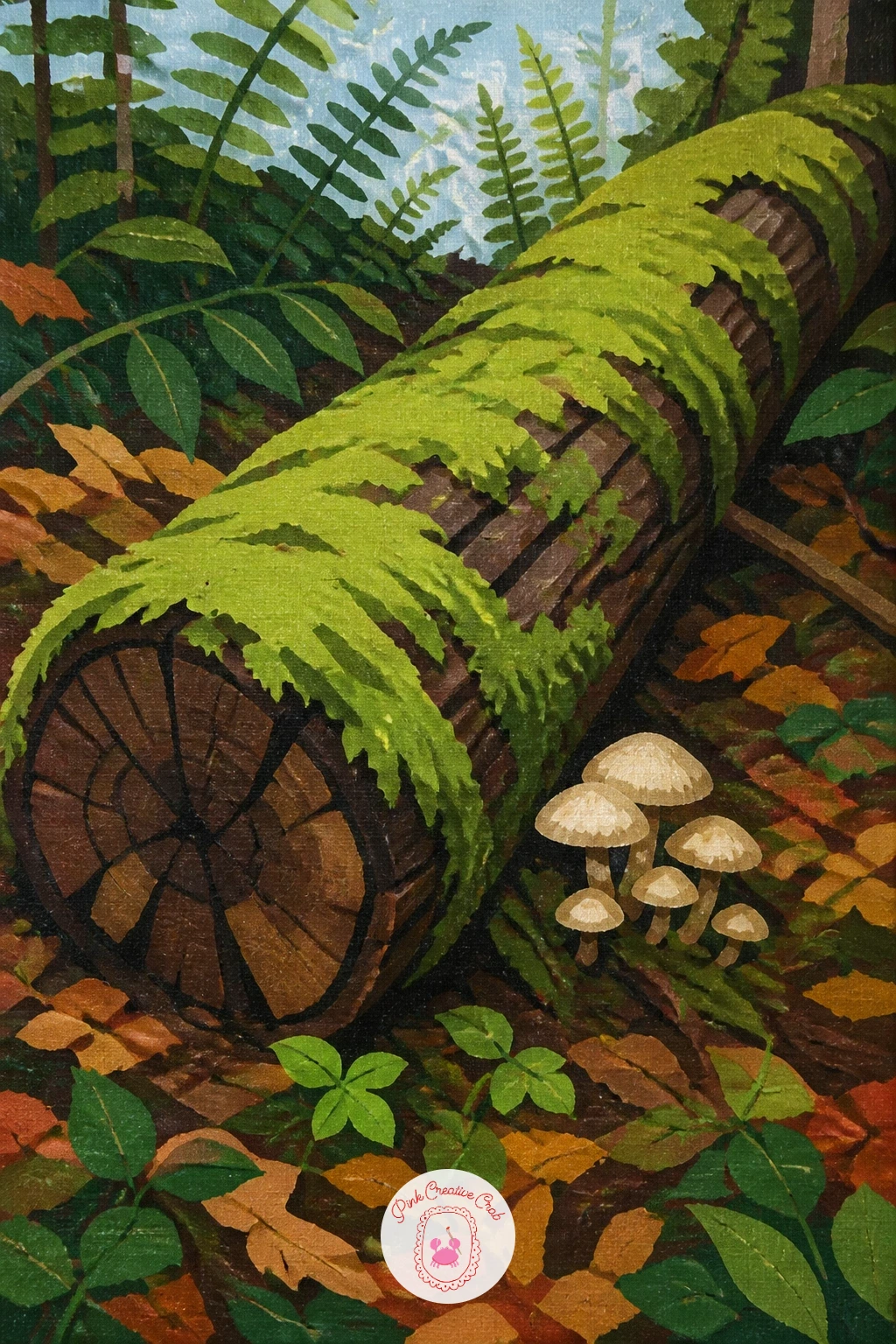 Fallen Log With Moss and Mushrooms — Lay the log along a diagonal across the lower third of the canvas rather than straight across, which gives the composition
