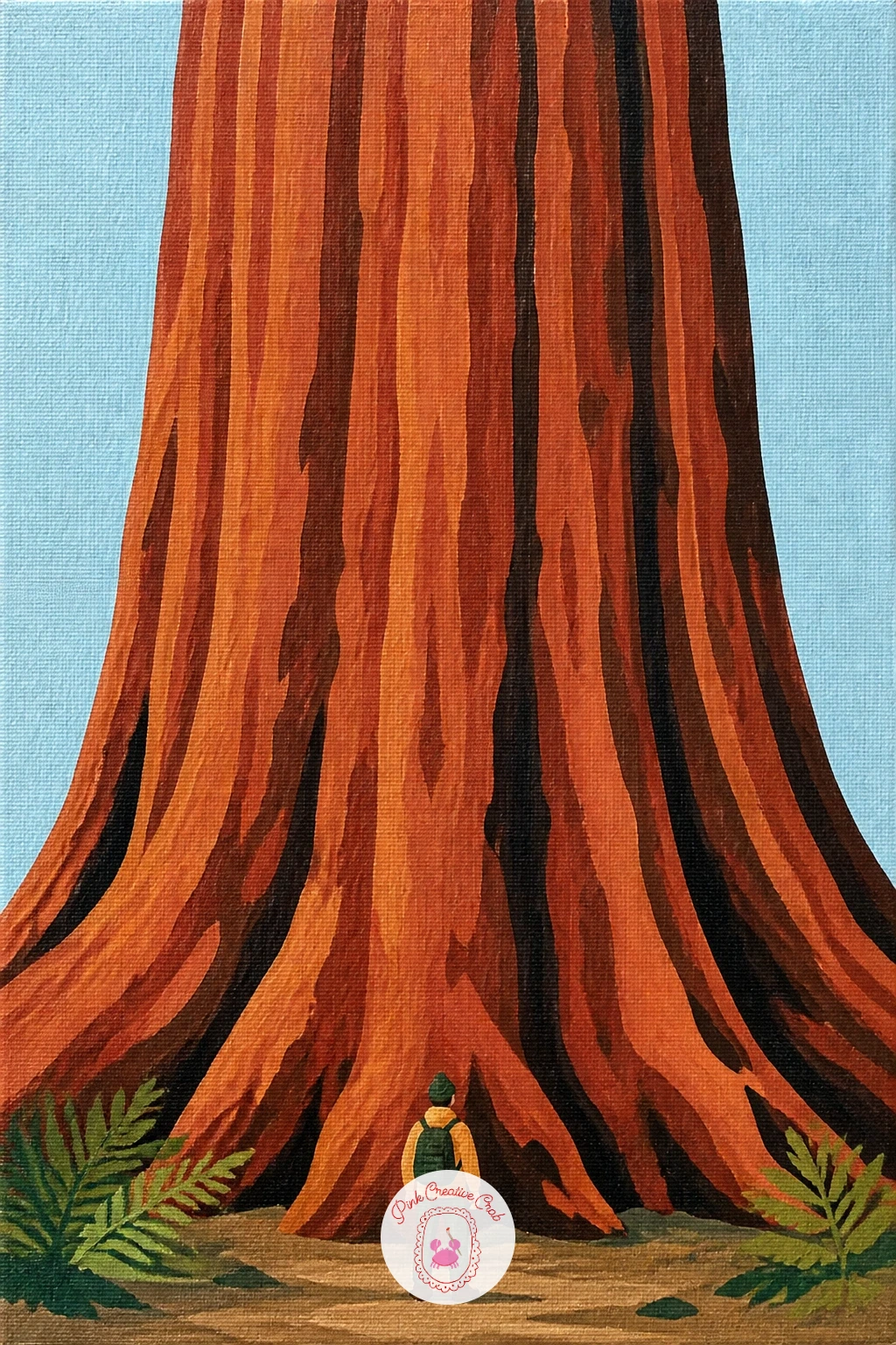 Giant Redwood With a Tiny Hiker — Scale is the entire idea here, so set it up before you paint anything else: pencil in the hiker first as a tiny figure no