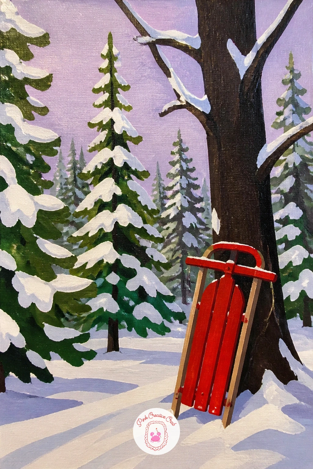 Snowy Forest With a Red Sled — Keep the sky light here, a pale blue white or soft lavender, since a snowy scene reads as cheerful rather than cold once the sky