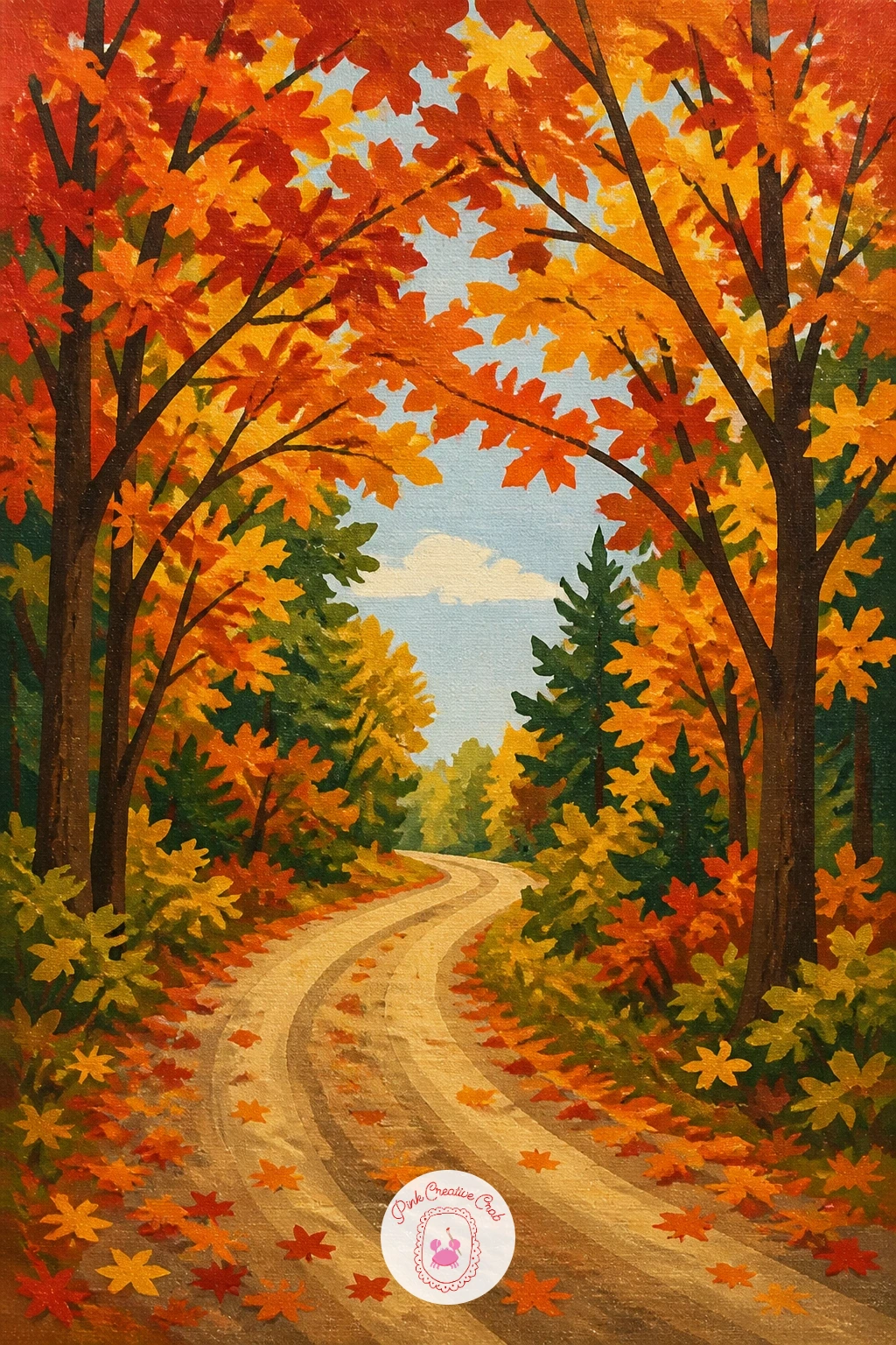 Autumn Maples Over a Dirt Road — Build the road as a simple path of perspective lines, converging toward a point roughly a third of the way up the canvas