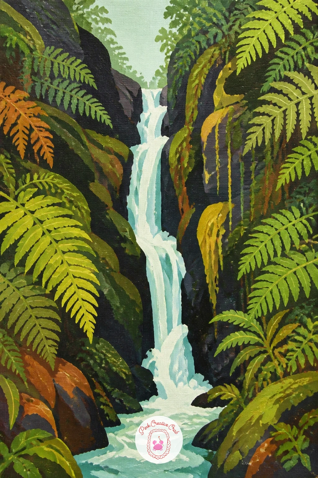 Waterfall Through a Fern Gully — Sketch the waterfall first as a simple vertical band, slightly wider at the top than where it meets the pool below, since