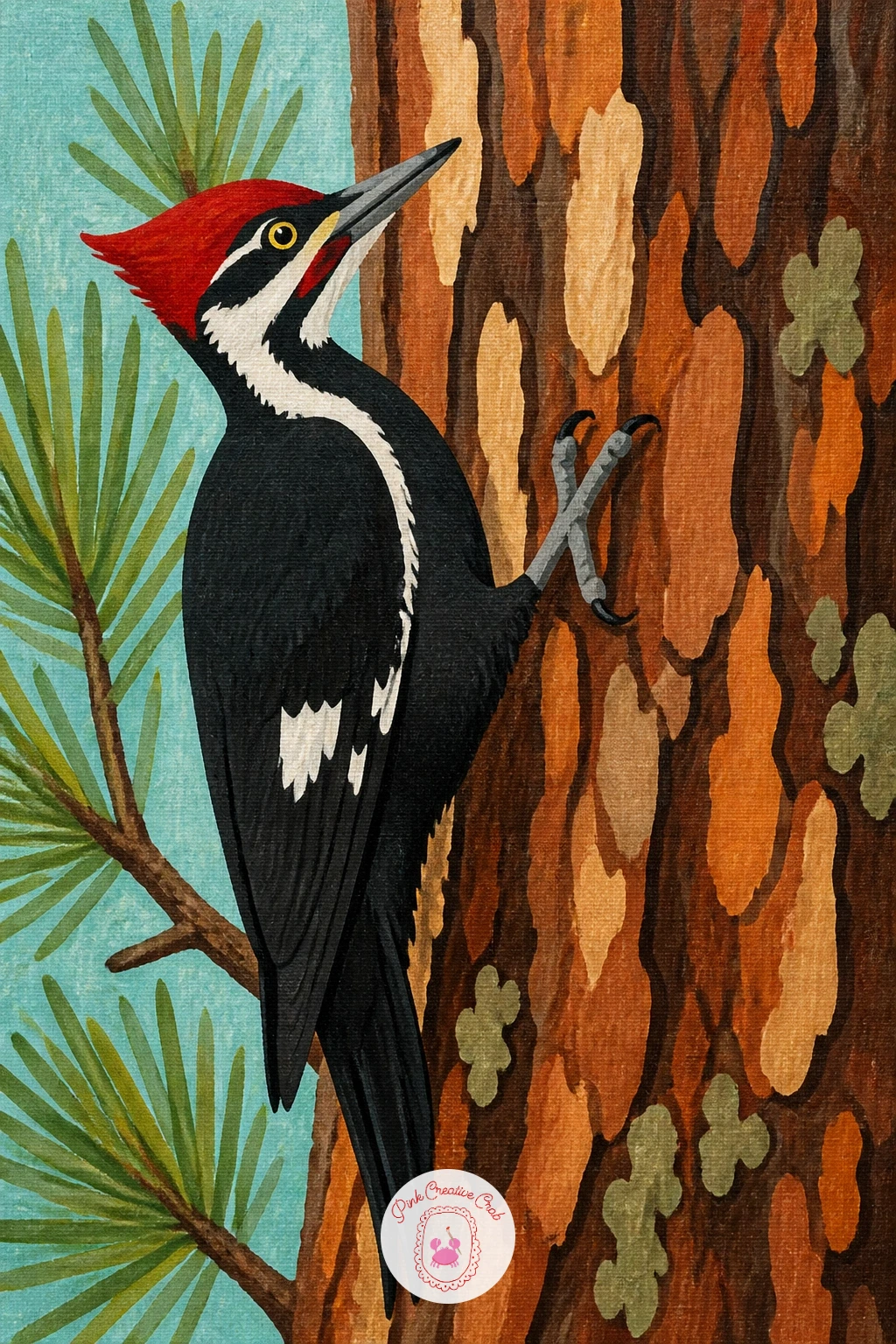 Woodpecker on a Pine Trunk — Give the trunk the whole height of the canvas, a single wide vertical column in warm grey brown, with a few long dark strokes for