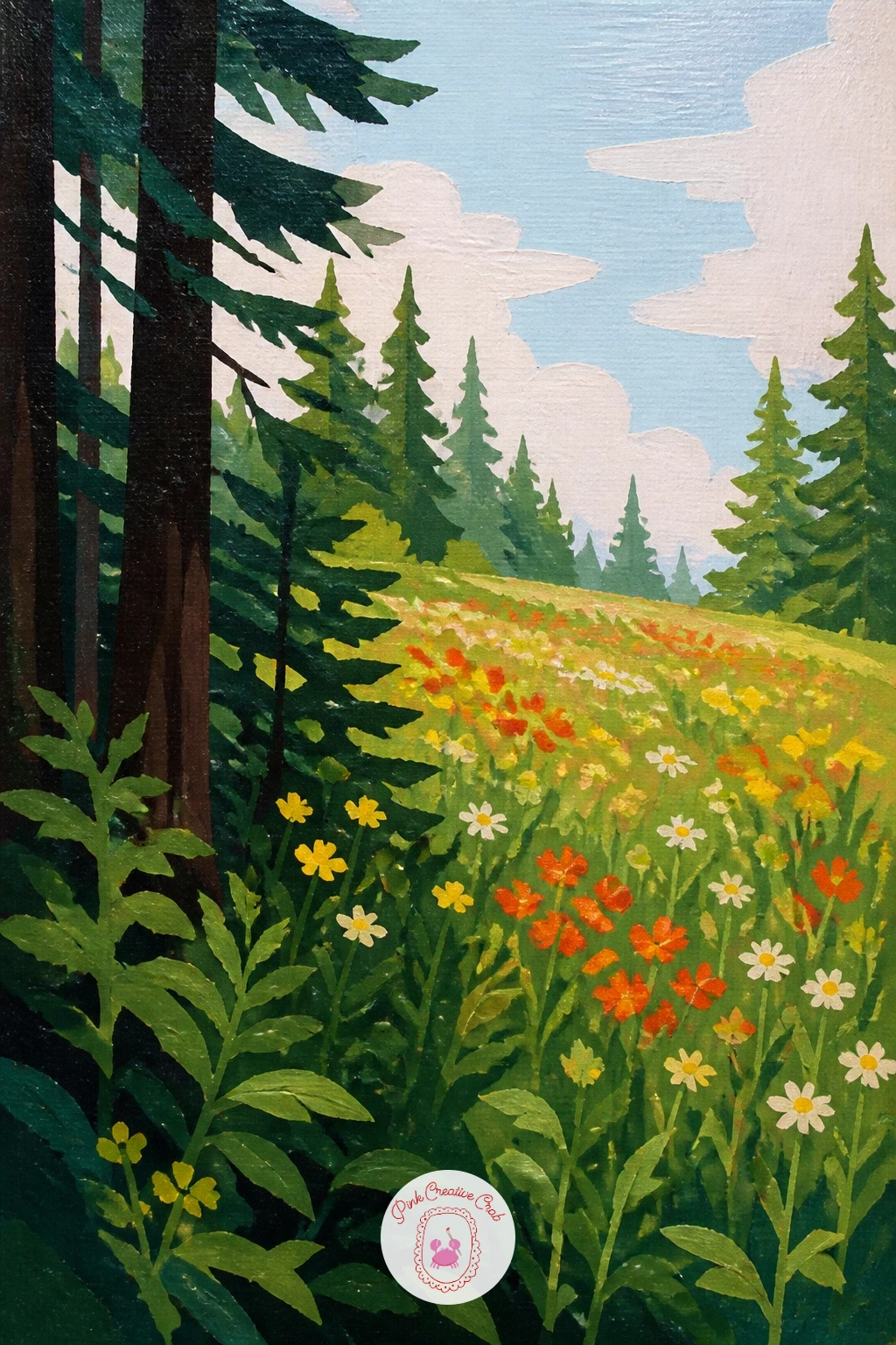 Forest Edge Opening to Wildflowers — Set the eye line low again here, so the viewer feels like they are standing right at the treeline looking out, rather than