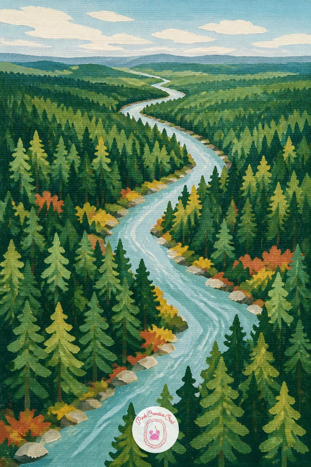 Pine Forest From Above With a Winding River — Look down on this one instead of across it: set your horizon very high, near the top edge of the canvas, almost a