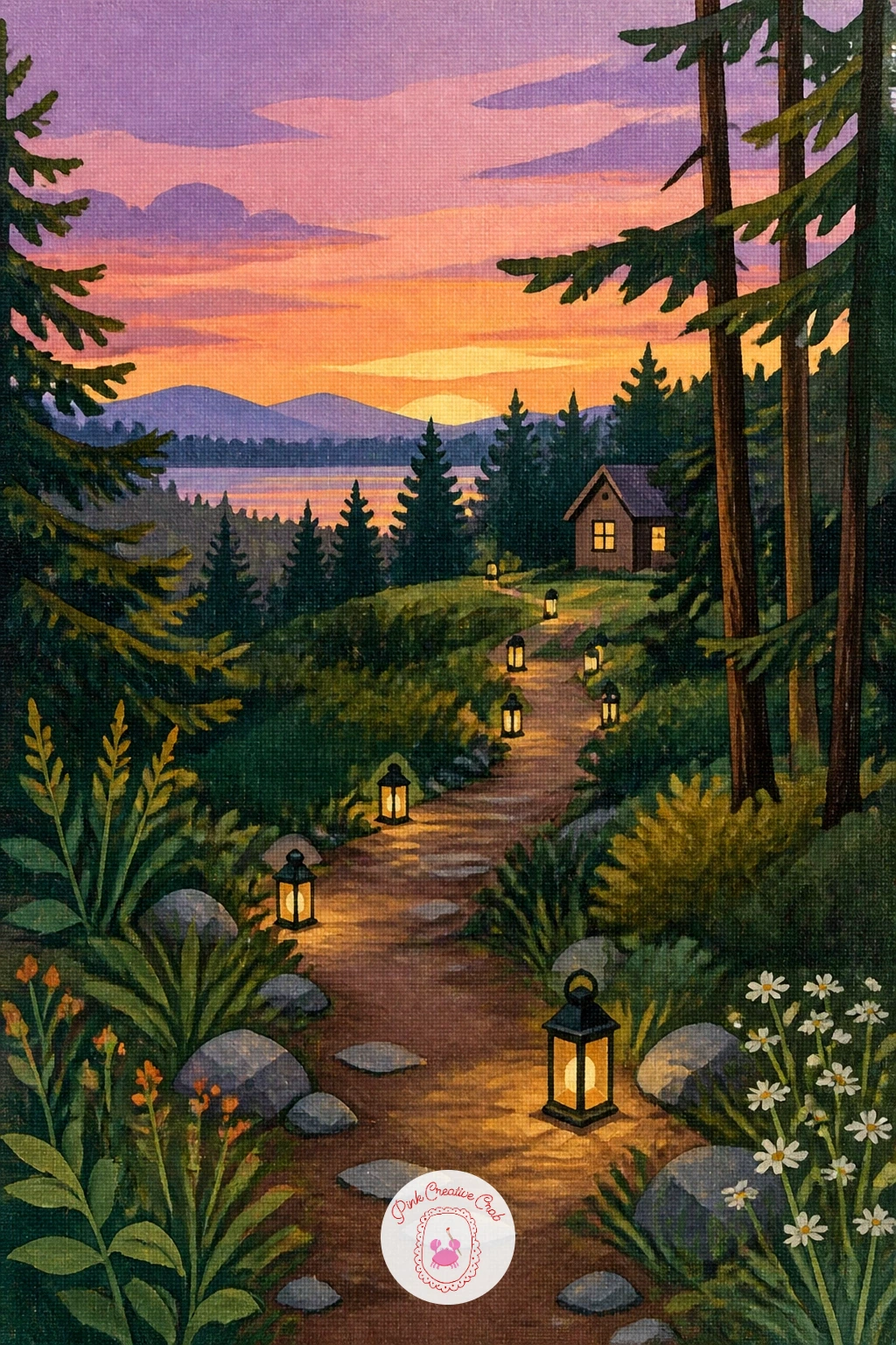 Lantern-Lit Path at Pastel Dusk — Mix your pastel dusk sky before anything else, a soft gradient of lavender into peach, and let it dry fully before you add a