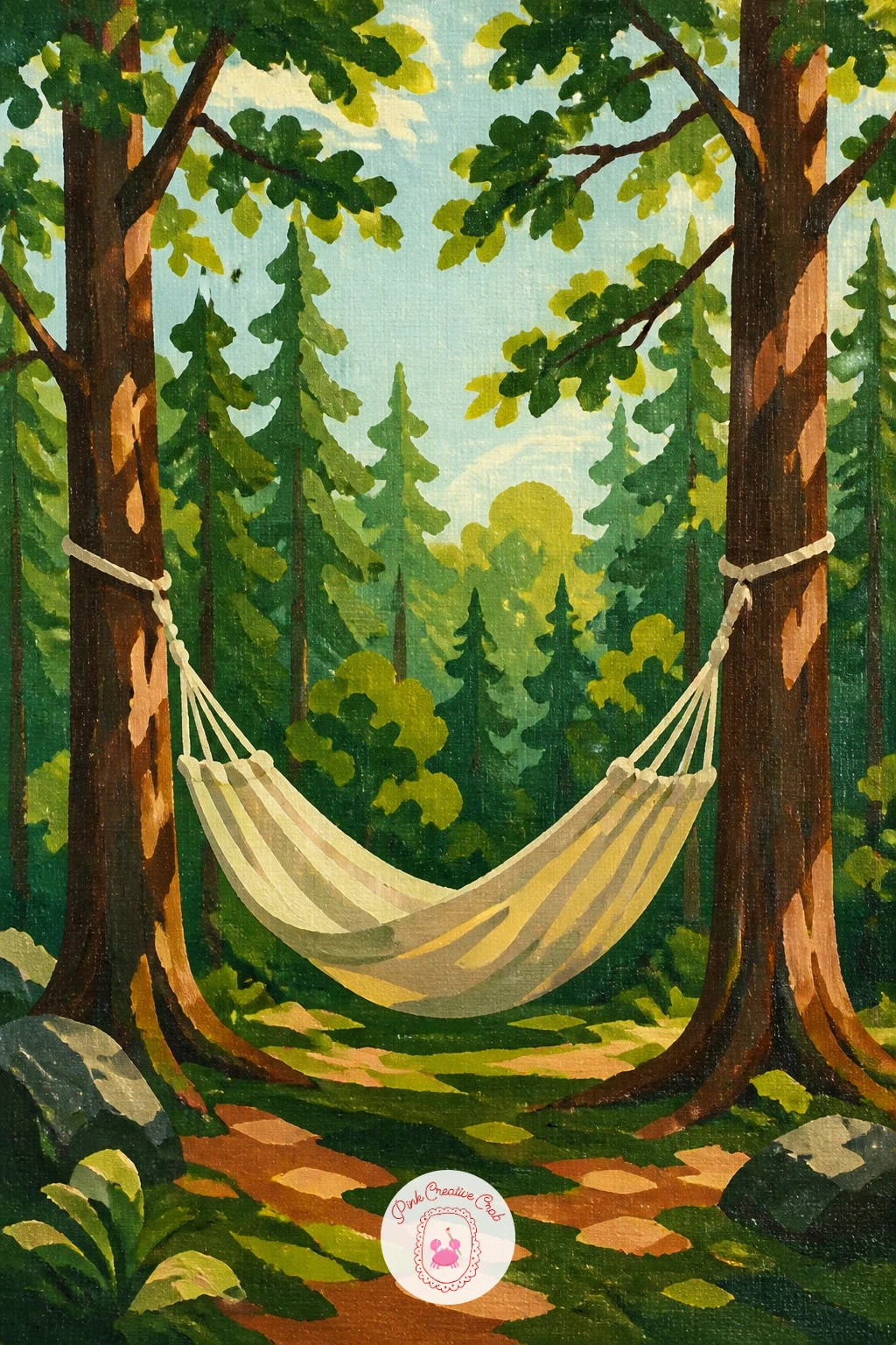 Hammock Strung Between Two Trees — Choose your two trunks first and space them with the hammock's curve in mind: close enough that the hammock sags into a