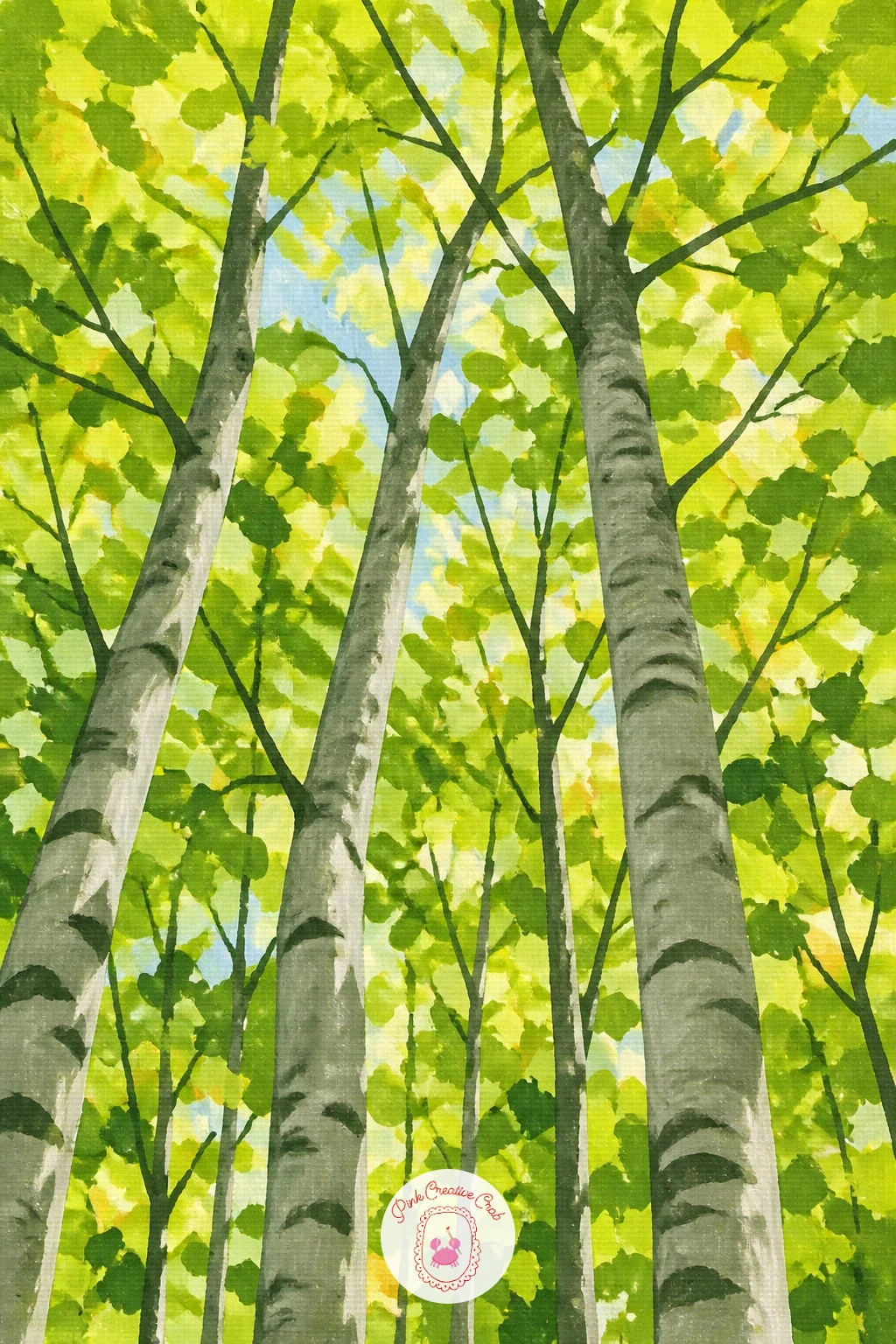 Sunlight Through Spring Beech Leaves — Let the light source sit high and slightly behind the trees, which means your brightest greens belong near the top of