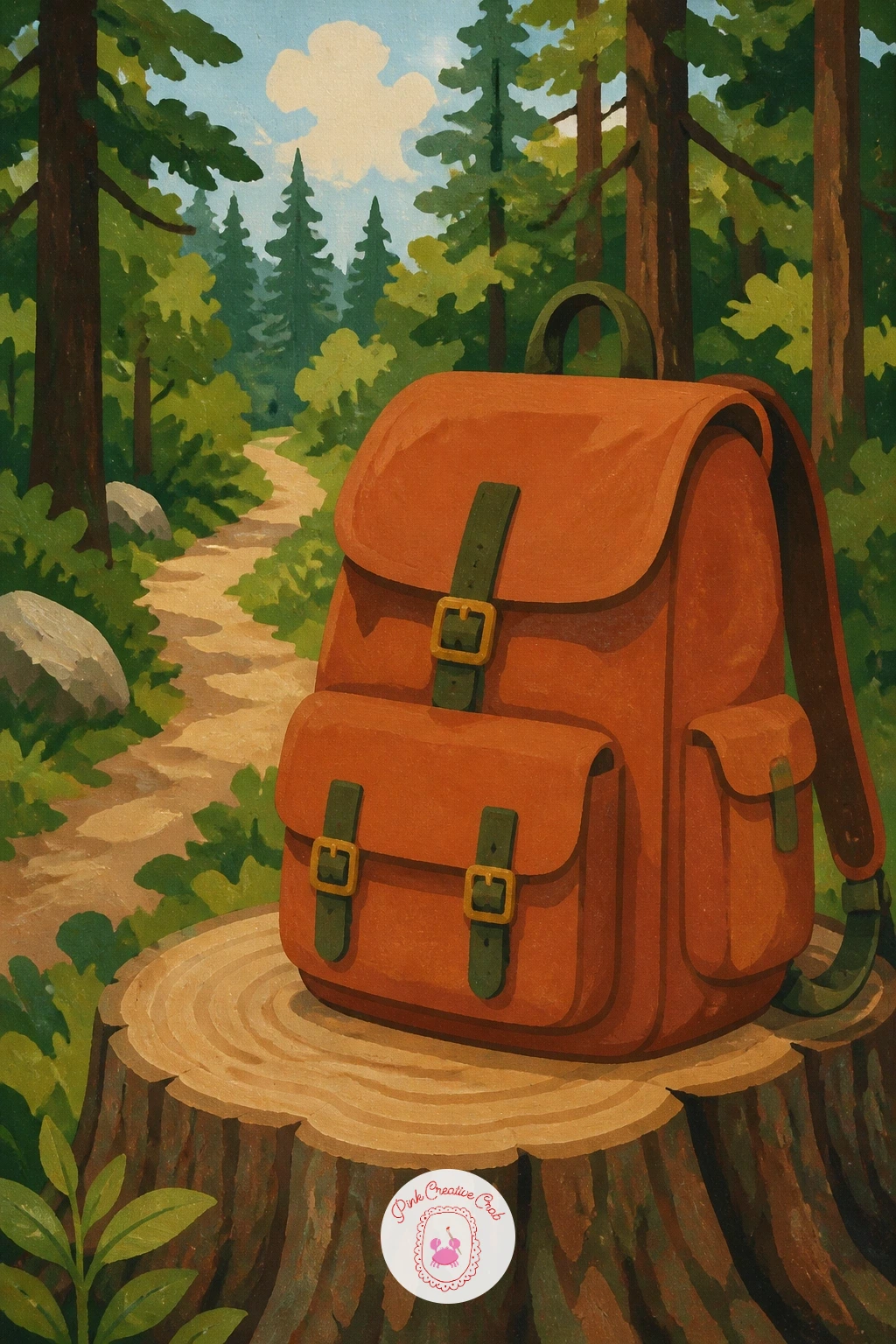 Backpack Resting on a Trail Stump — Give the stump a flat top and a slightly rounded edge, painted in warm brown with visible growth rings sketched on top as a