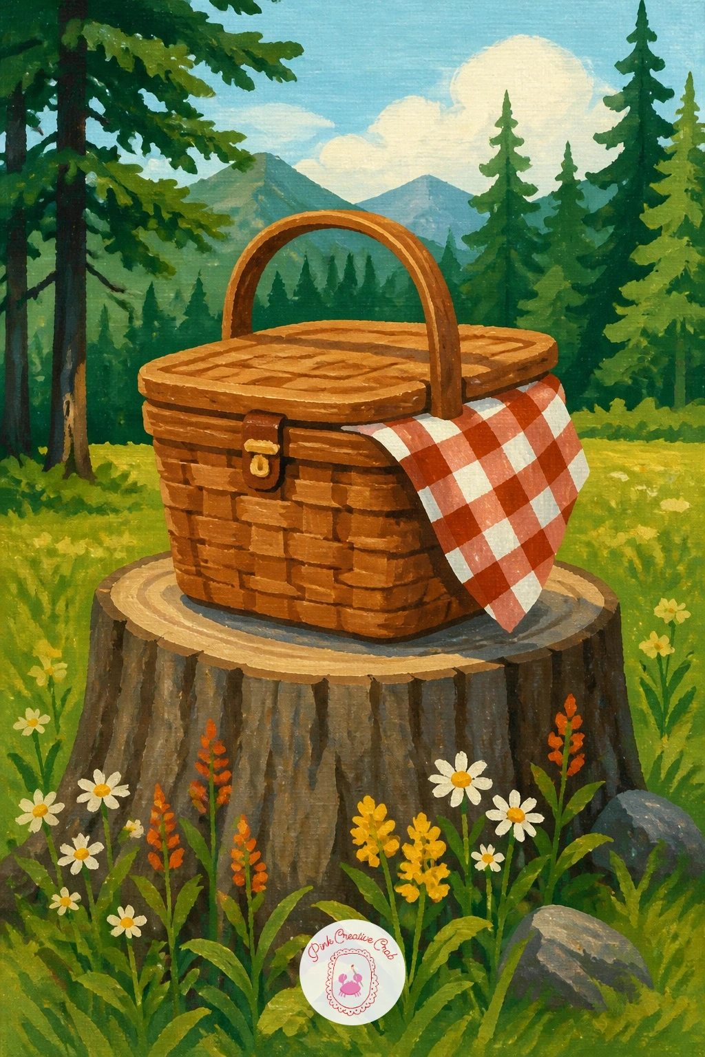 Picnic Basket on a Stump in a Clearing — Build the clearing as a simple bright patch of grass surrounded by darker trees, the same approach used for the tent