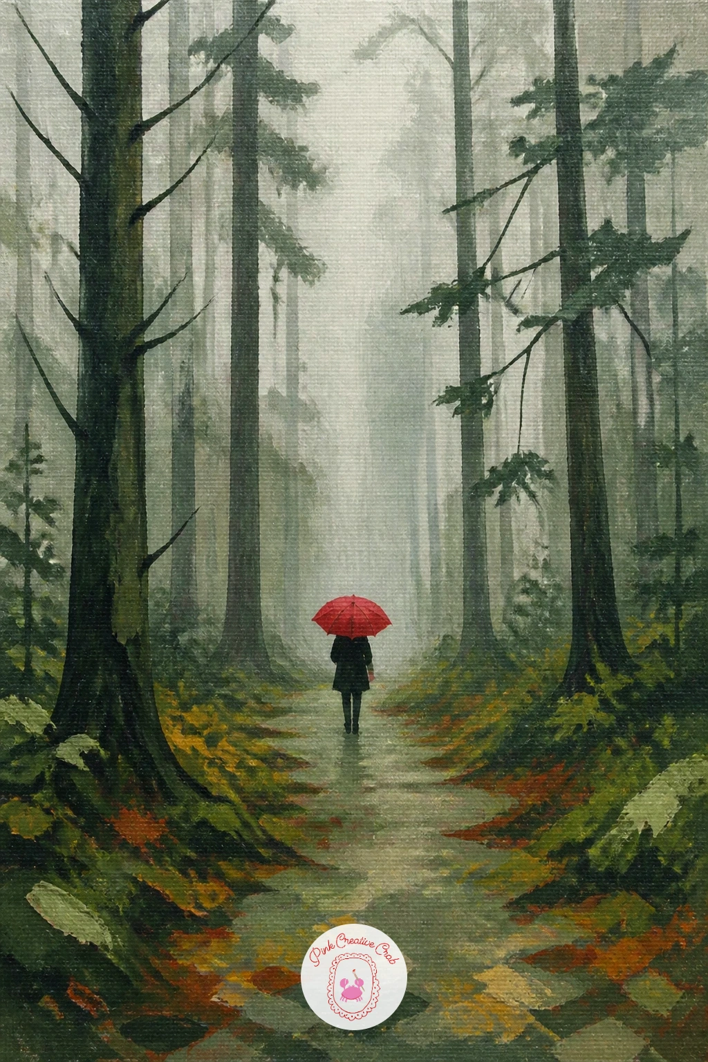 Foggy Forest With a Red Umbrella — Keep this one almost monochrome before the umbrella goes in: block the whole canvas in soft layered greys and pale greens