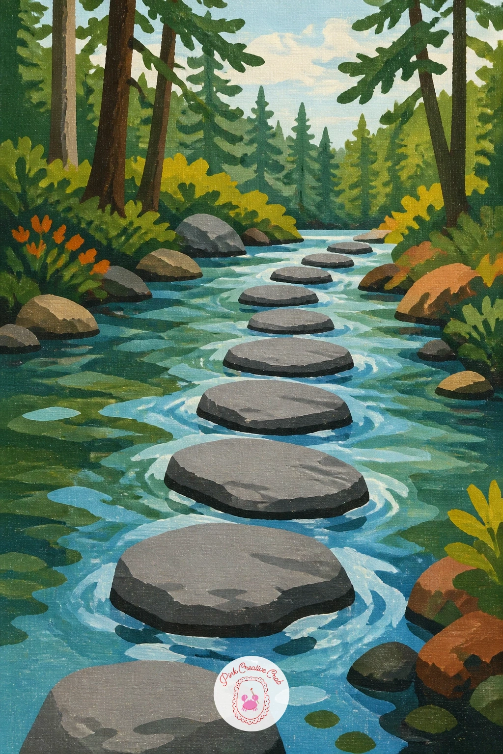 Stream With Stepping Stones — Lay the stream as a curving pale blue band first, then place the stepping stones directly on top as simple flat ovals, slightly