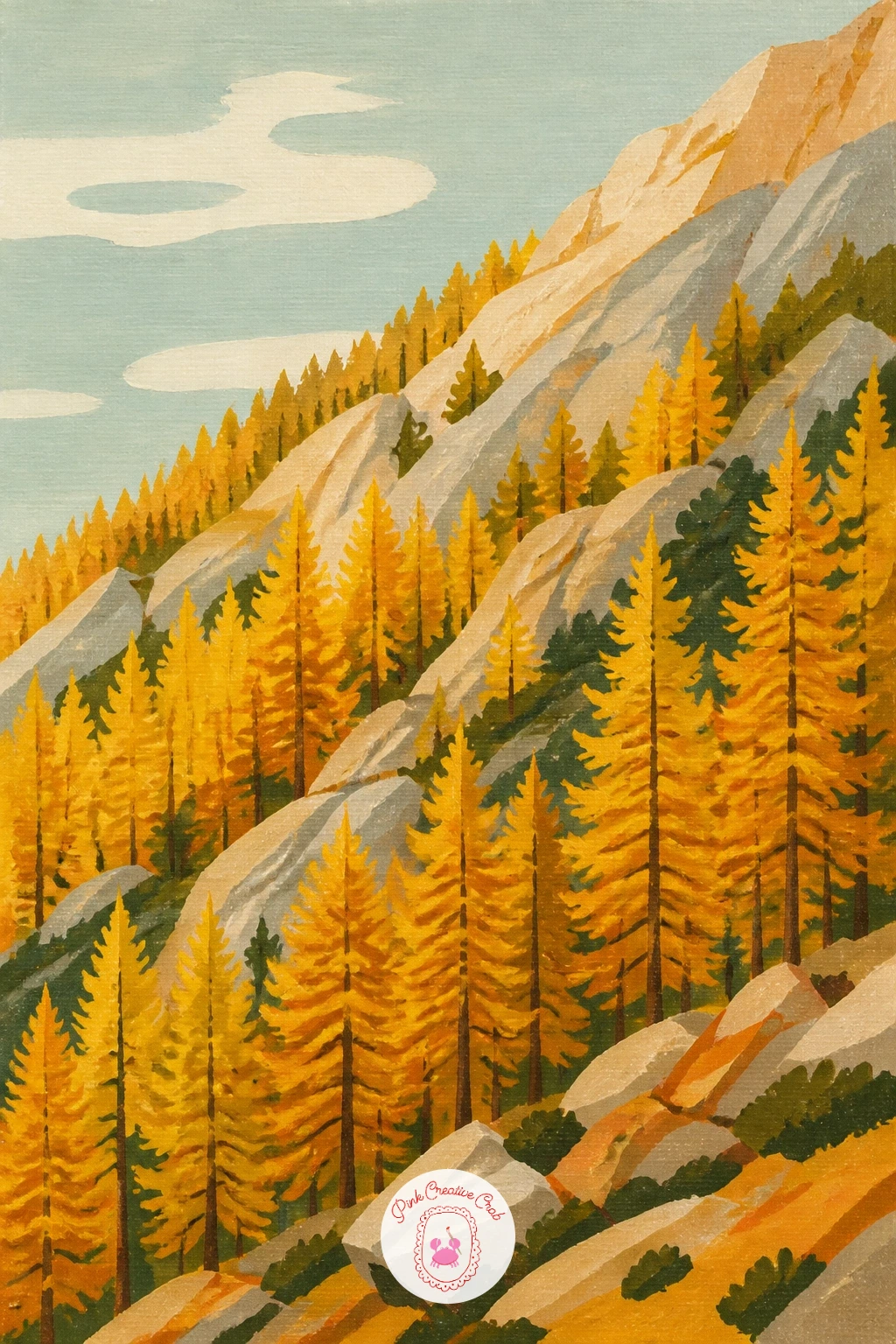 Larch Forest Turning Gold on a Mountainside — Work the slope first, since larches grow on a diagonal rise rather than flat ground: paint the mountainside as a