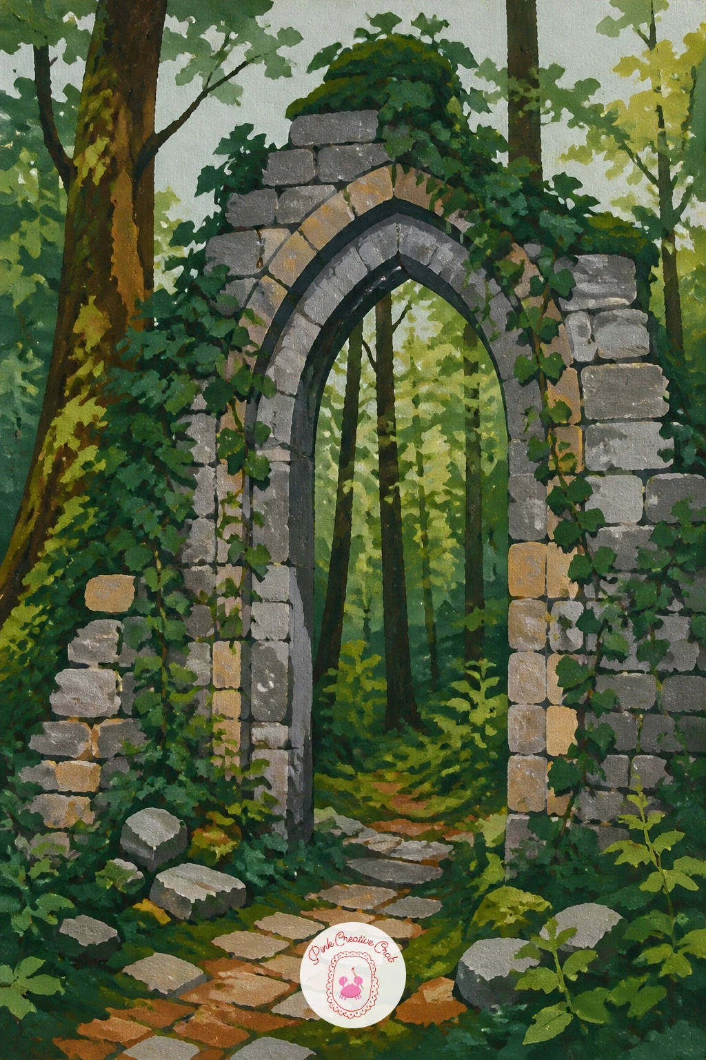 Ivy-Covered Stone Ruin in the Woods — Build the ruin as a simple broken shape, a section of wall with a gap or a single standing archway, rather than a whole