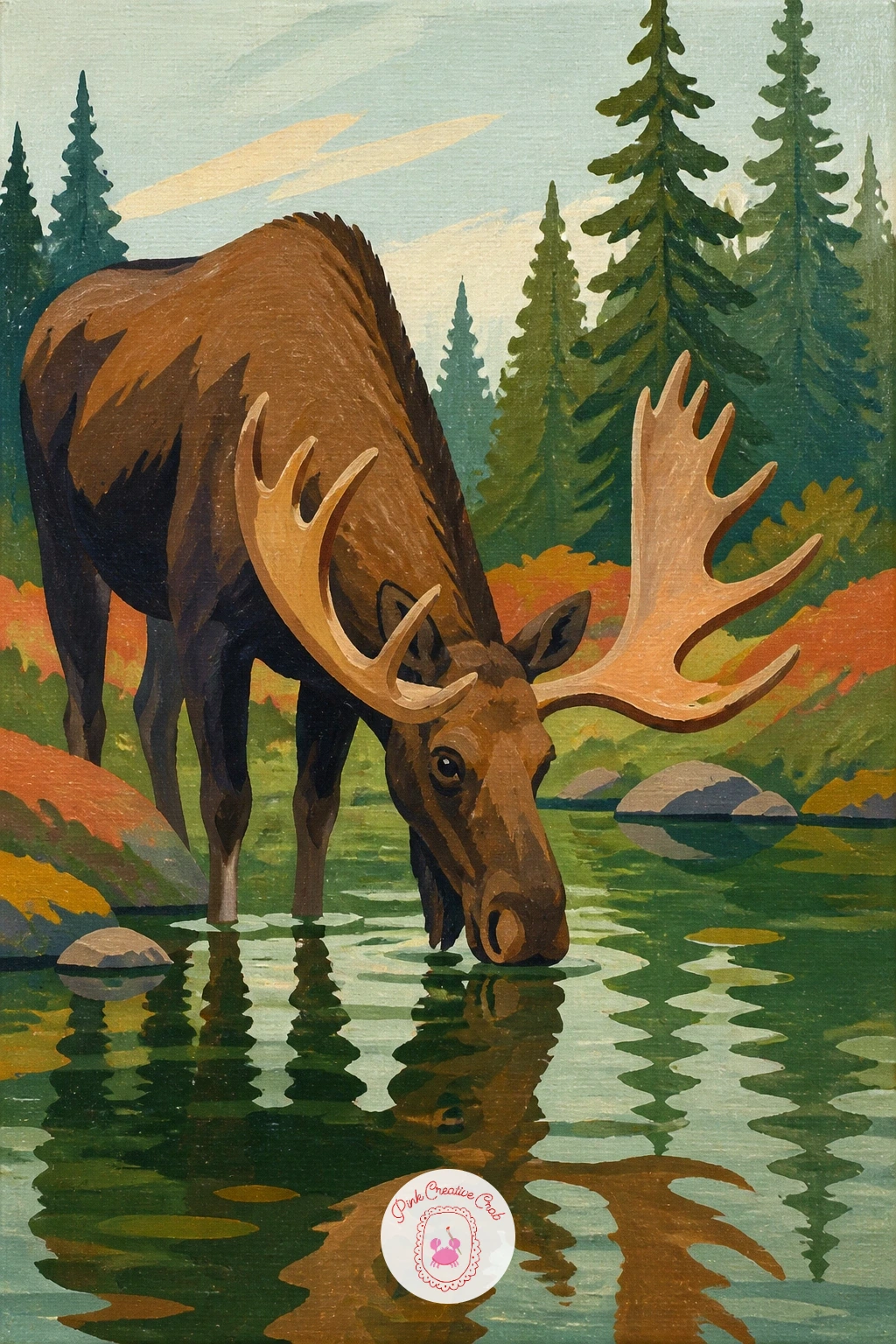 Moose Drinking From a Forest Pond — Block the pond first as a flat pale oval with a soft reflection of the trees around it, then place the moose at the water's