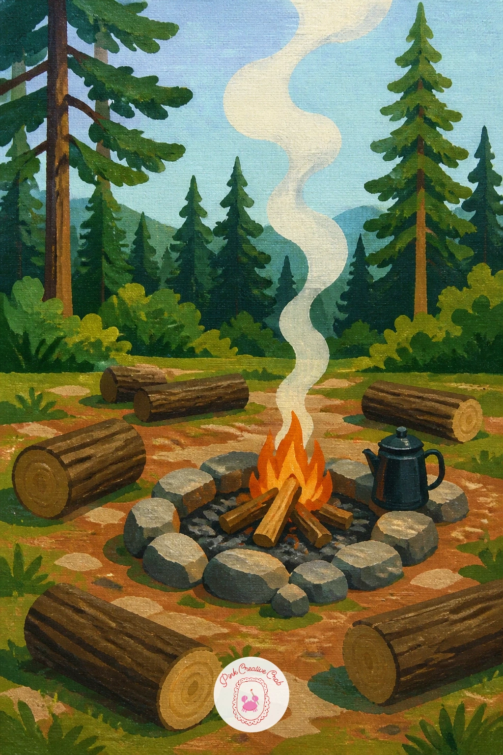 Campfire Circle in Daylight — Set this one in full daylight rather than dusk, so the fire reads as a point of interest through color rather than through