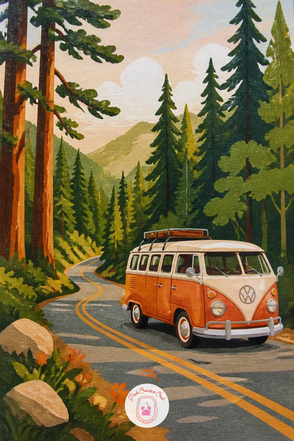 Winding Forest Road With a Vintage Van — Close out the list with a road painting that uses the same converging perspective lines as the autumn maple idea