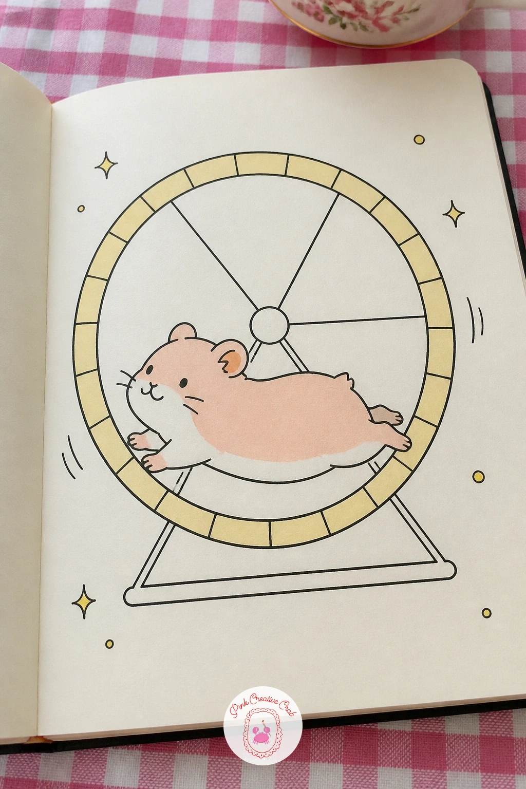 Hamster Running on Its Wheel — Work out from the wheel first here, since it sets the scale for everything else. Hamster doodle